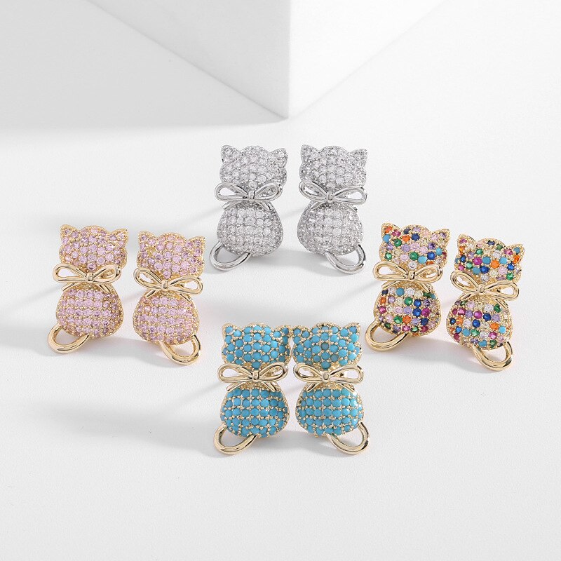 925 Sterling Silver Cute Cat Stud Earrings with Zircon - Perfect Gift for Girls & Women - Trendy Animal Jewelry for Casual Wear, Parties & Everyday Fashion