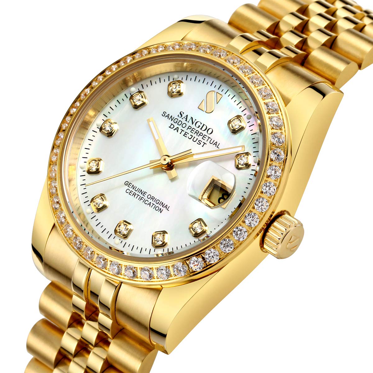 Gosasa Men's Luxury Automatic Mechanical Watch with Gold Crystal Accents - Stainless Steel Band, Waterproof, Elegant Gift for Family & Friends - Perfect for Business, Formal Events & Special Occasions