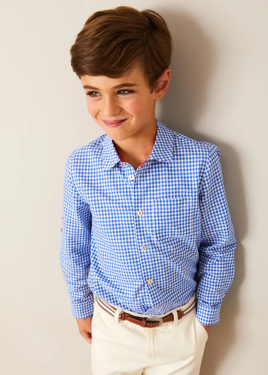 Carlisle Gingham Polo Collar Long Sleeve Shirt for Boys & Girls (Ages 4-10) - Blue Checkered Cotton Top for School, Playdates & Casual Outings