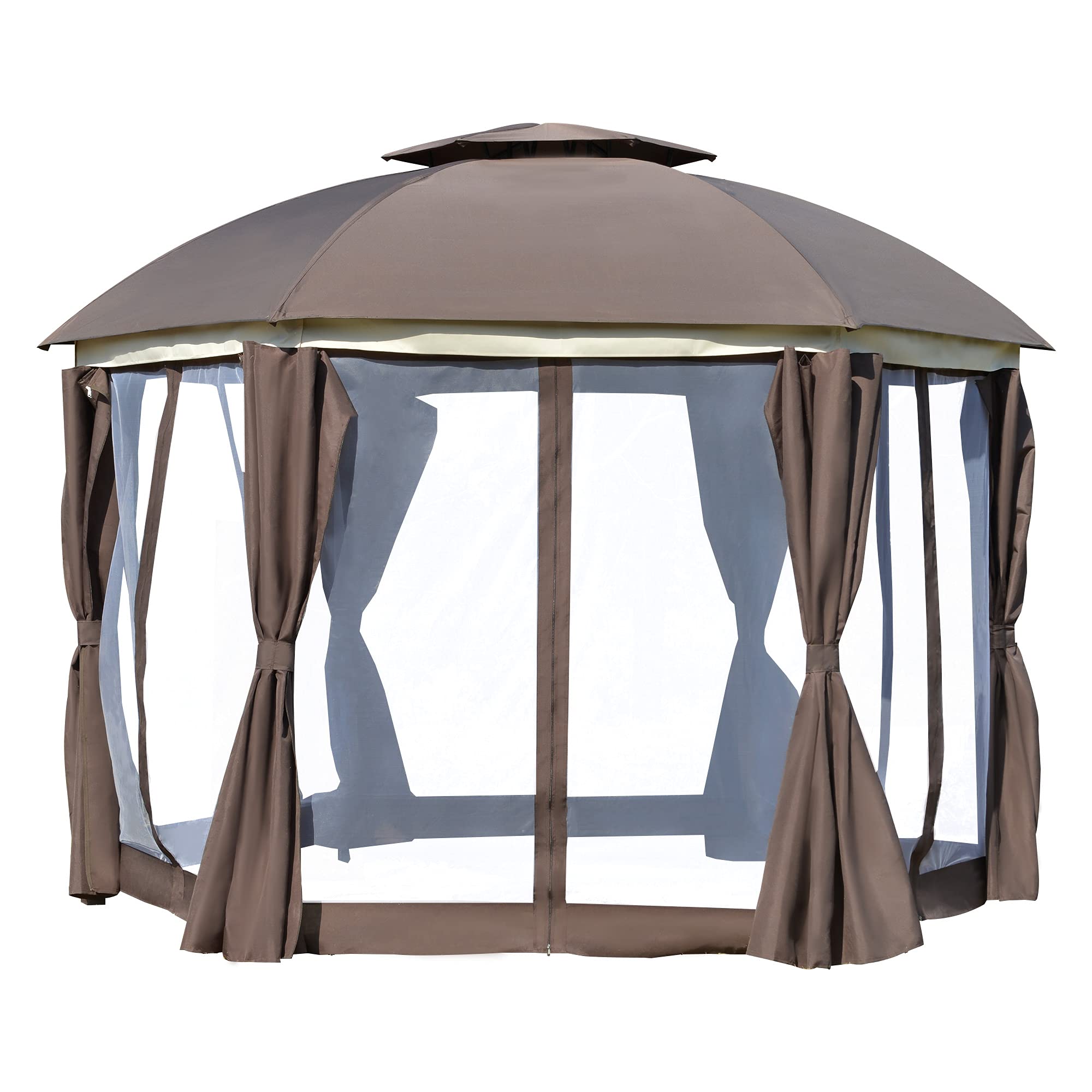 Outsunny 12' x 12' Round Outdoor Gazebo with Double Roof, Netting Sidewalls & Curtains - Steel Frame Patio Canopy Shelter for Backyard, Garden, and Poolside Relaxation