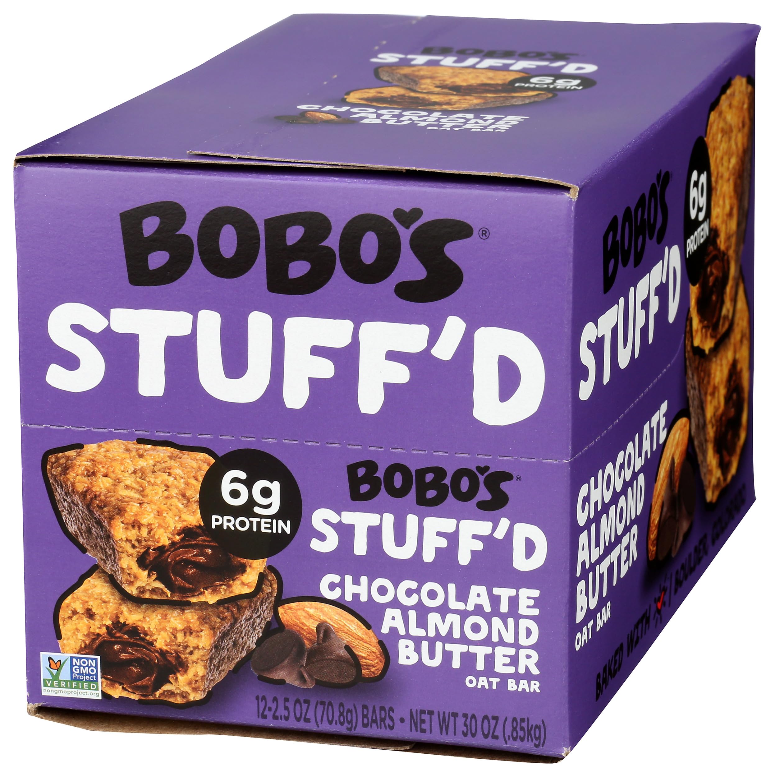Bobo's Gluten Free Stuffed Chocolate Almond Butter Oat Bars - 12 Pack (2.5oz Each) | Healthy Snacks for Kids, Office & On-The-Go Energy Boost