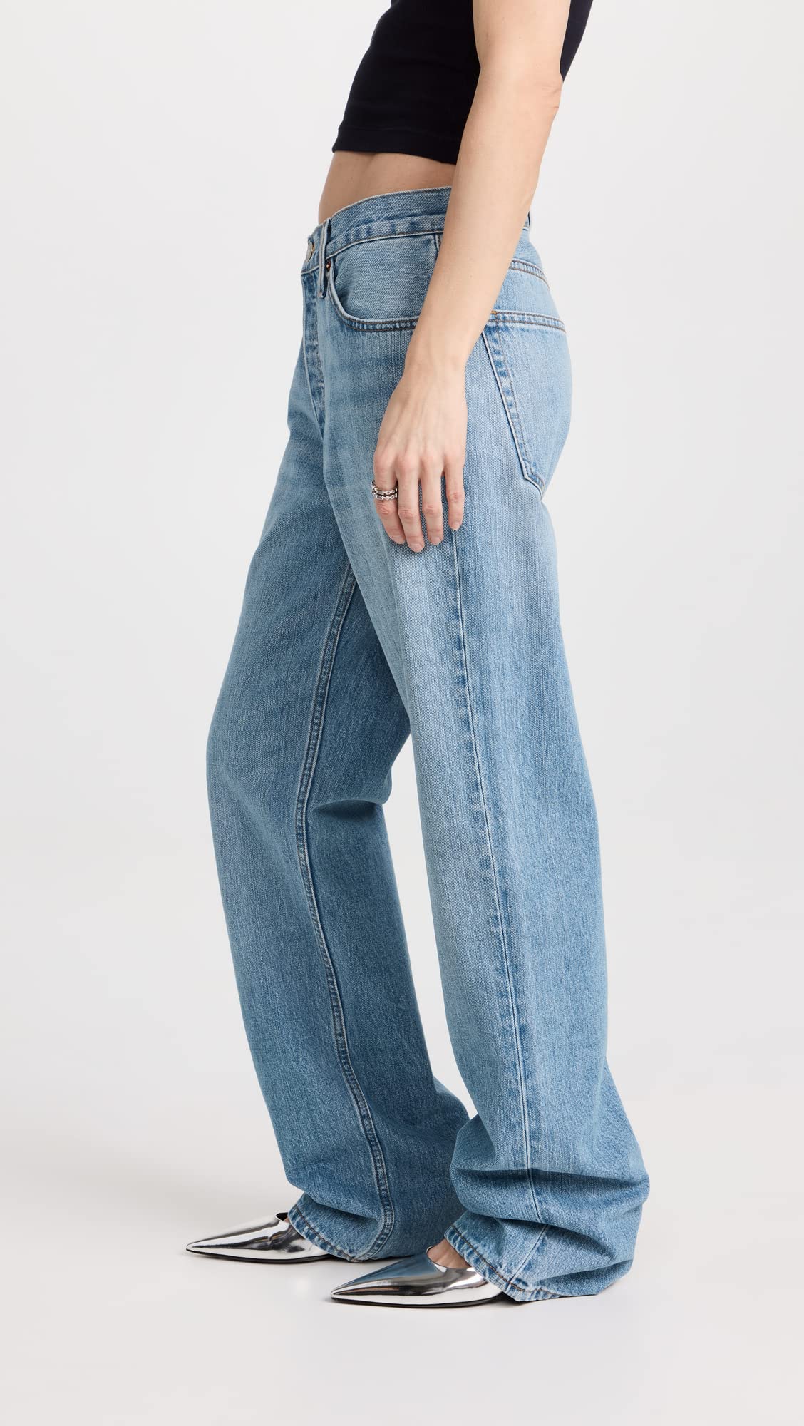 RE/DONE Women's High-Waisted Loose Fit Long Jeans - Vintage Inspired Distressed Denim Pants for Casual Wear & Everyday Outfits