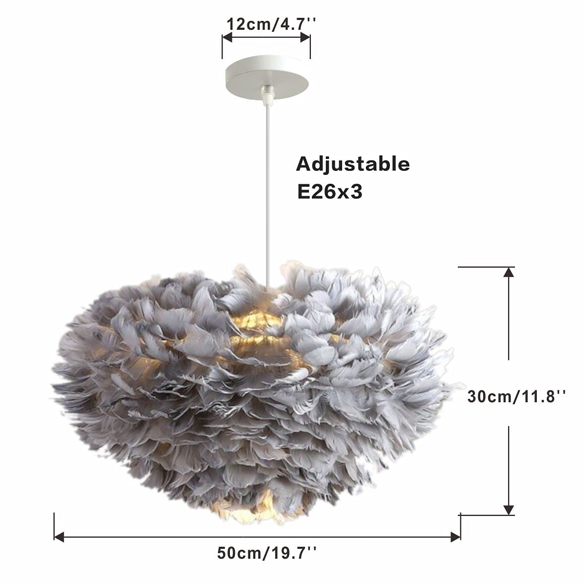 Modern Gray Feather Chandelier - LED Heart-Shaped Hanging Light with Adjustable Height, Warm White Lighting for Bedroom, Living Room, Bar & Dining Room Decoration | Romantic Doughnut Ceiling Pendant Lamp (Small Size)