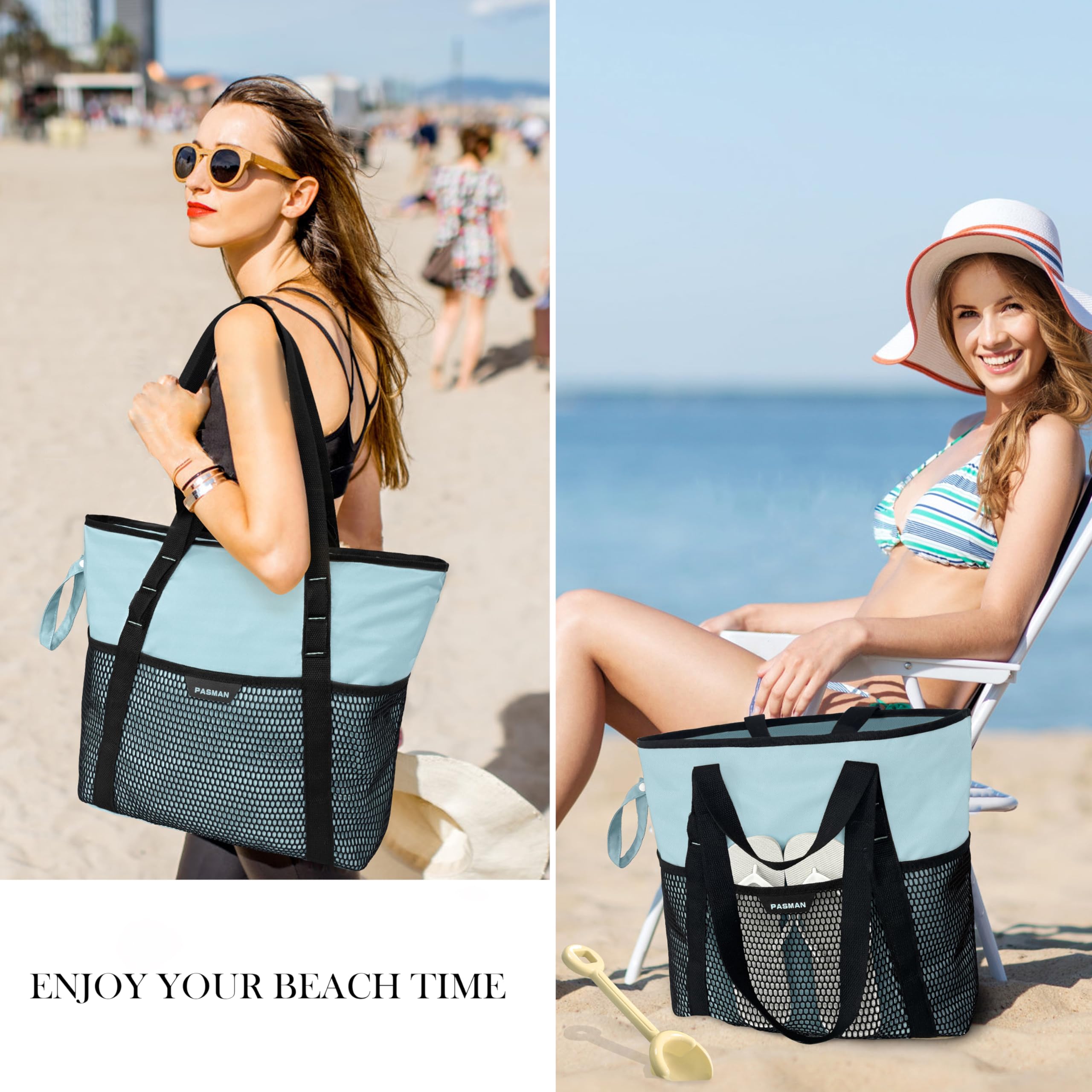 Waterproof Beach Bag with Zipper - 8 Pockets Sandproof Foldable Lightweight Tote for Women, Large Family Swim Bag for Vacation, Pool, Travel & Outdoor Activities