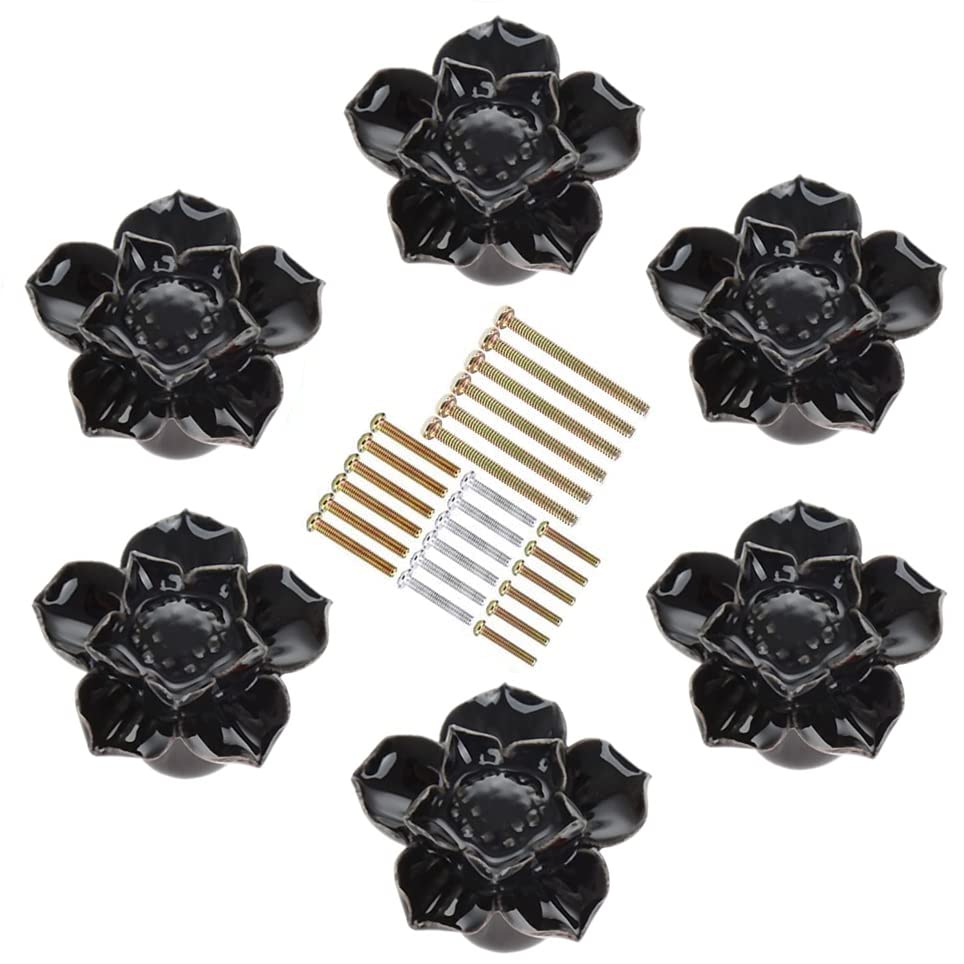 Black Ceramic Flower Drawer Knobs and Pulls - Pack of 6 for DIY Home Furniture, Cabinets, Dressers & Cupboards - Elegant Door Handles for Bedroom, Kitchen & Bathroom Storage