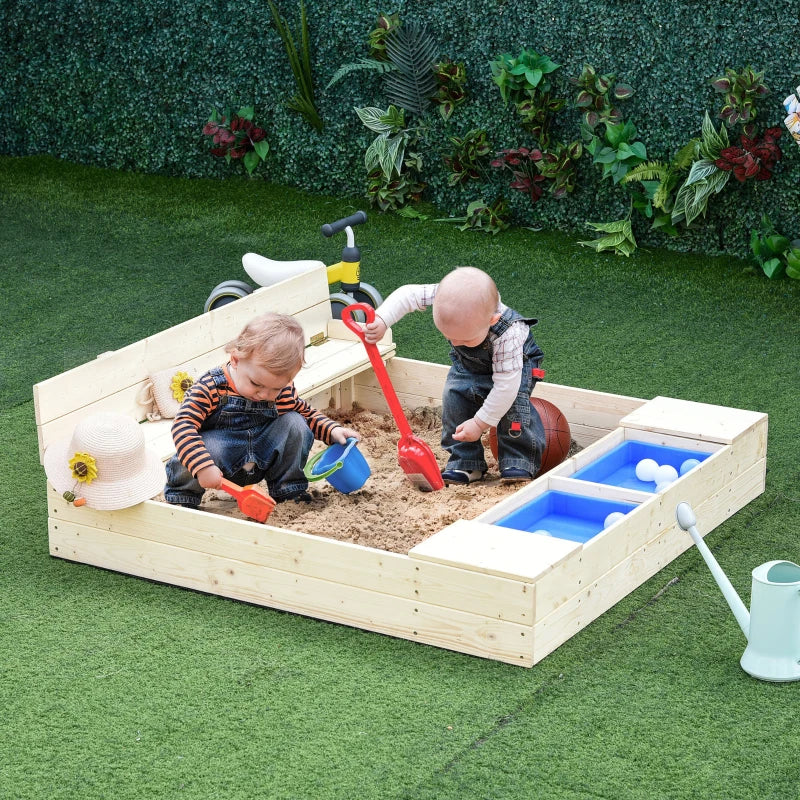 Outsunny Kids Sandbox with Cover & Bench Seat - Outdoor Children's Sand Play Set for Backyard, Toddlers & Preschoolers - Perfect for Garden, Patio & Playground Fun
