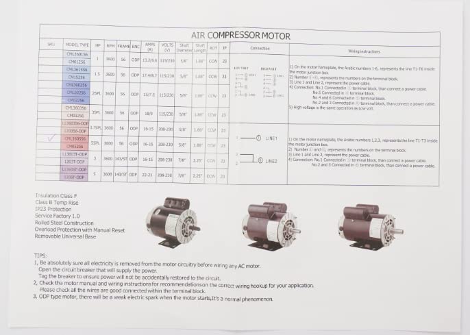 5HP SPL Air Compressor Motor 208-230V Single Phase Electric Motor - 3450 RPM, 56 Frame, 5/8