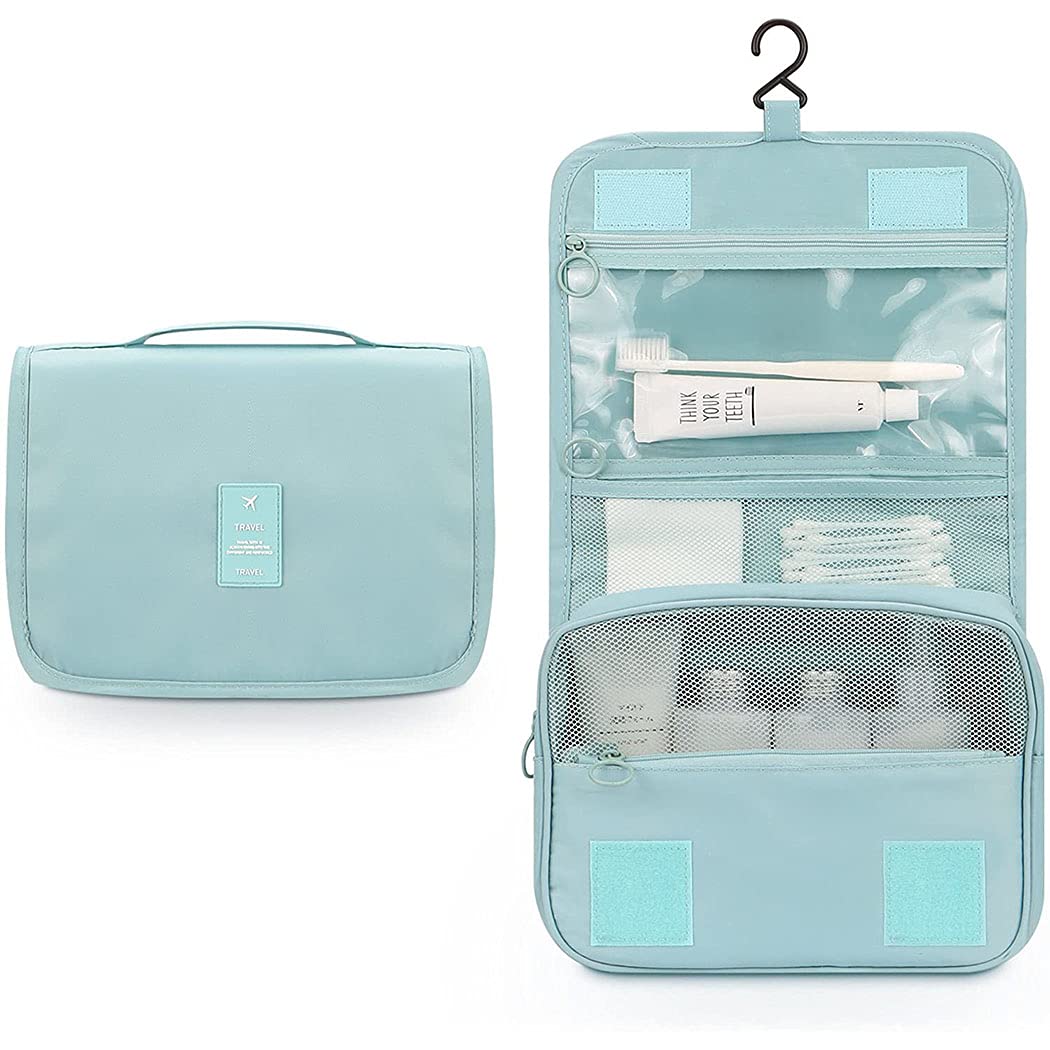 Waterproof Hanging Toiletry Bag with Hook - Travel Cosmetic Organizer for Men & Women | Light Blue Hanging Makeup Bag for Bathroom, Gym, Camping & Vacation