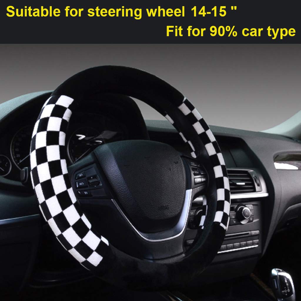 ZaCoo Universal Soft Plush Steering Wheel Cover - Winter Warm 14-15 Inch for Cars, Trucks & SUVs (Black & White) | Non-Slip Grip & Comfort Driving in Cold Weather