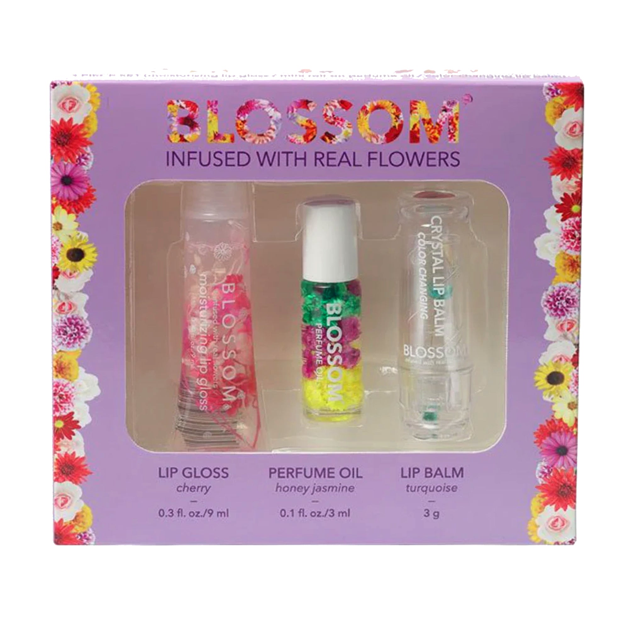 Blossom Moisturizing Lip Gloss Set - 3 Pcs Roll-On Perfume Oil & Color Changing Lip Balm (Turquoise) for Daily Hydration & Natural Beauty Enhancement - Perfect for Work, Date Night & Travel Essentials