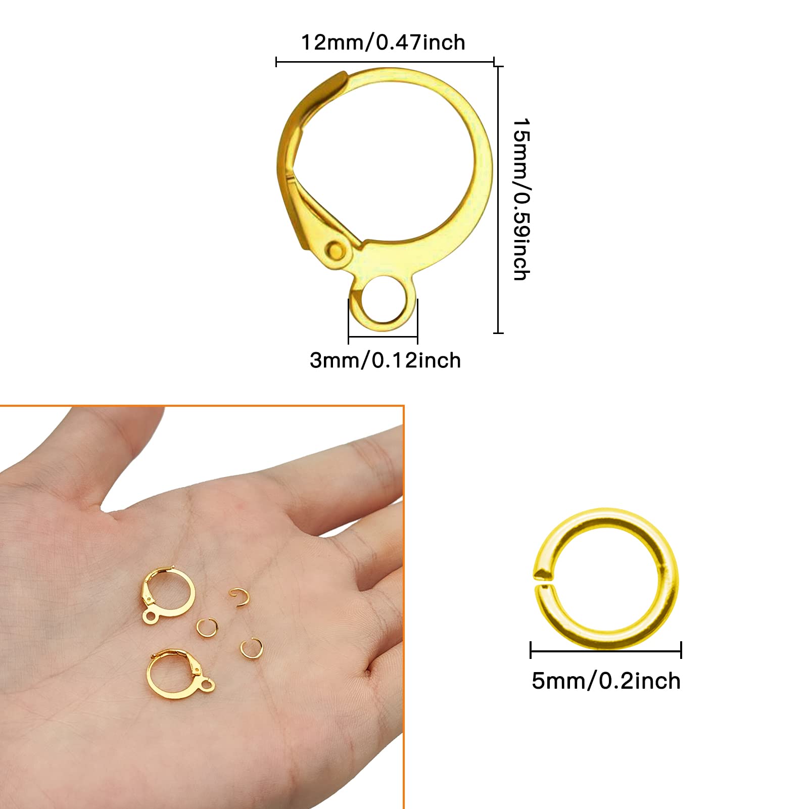 200pcs Gold Round Leverback Earring Hooks Set with 100pcs Open Jump Rings - Hypoallergenic DIY Jewelry Making Supplies for Earrings, Necklaces & Crafts | Perfect for Handmade Gifts, Fashion Accessories & Beading Projects