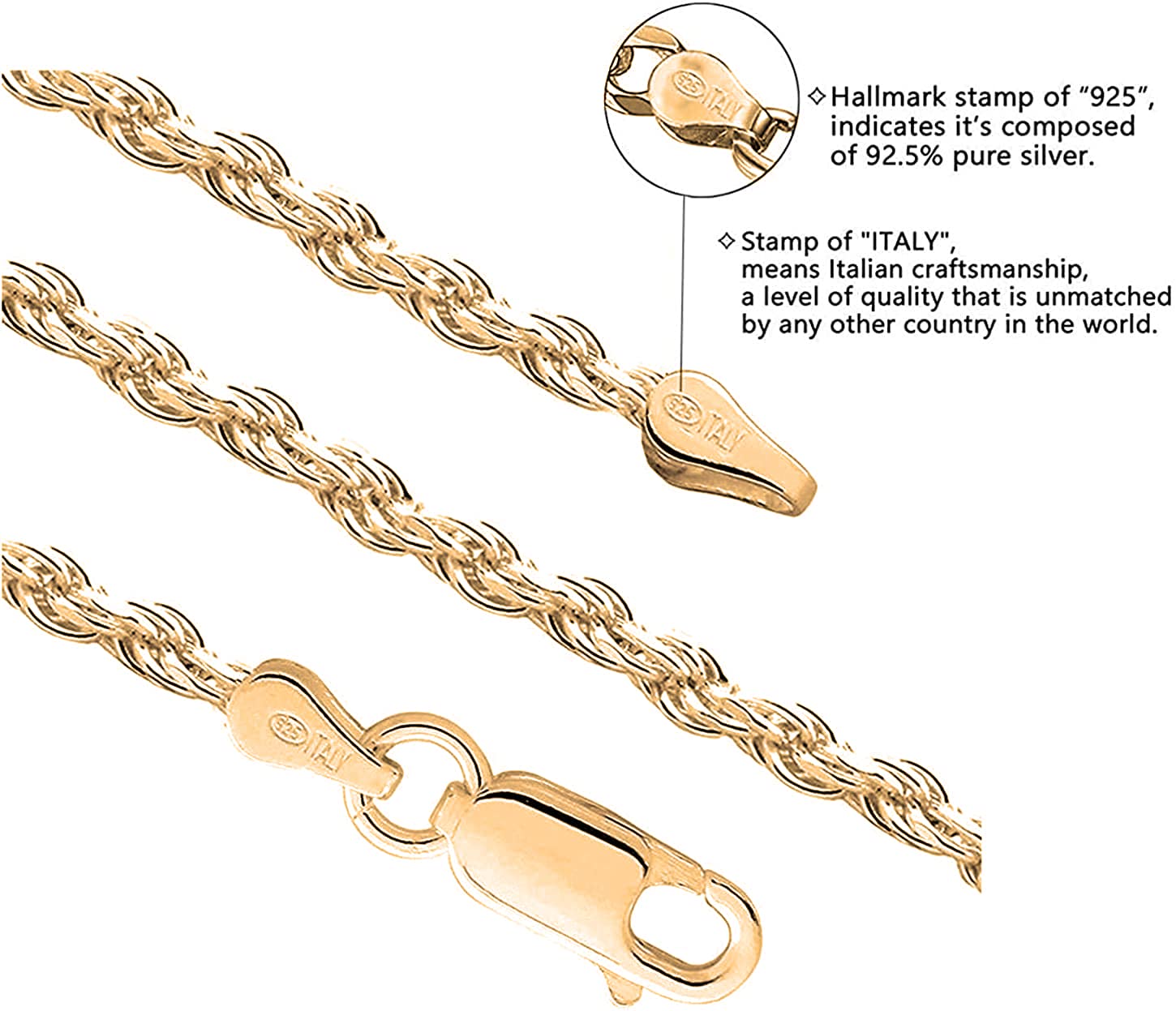 18K Gold Plated 925 Sterling Silver 4mm Italian Rope Chain Necklace for Men & Women - Diamond Cut Twist Link Design with Gift Box - Perfect for Gifts, Anniversaries & Special Occasions - Made in Italy
