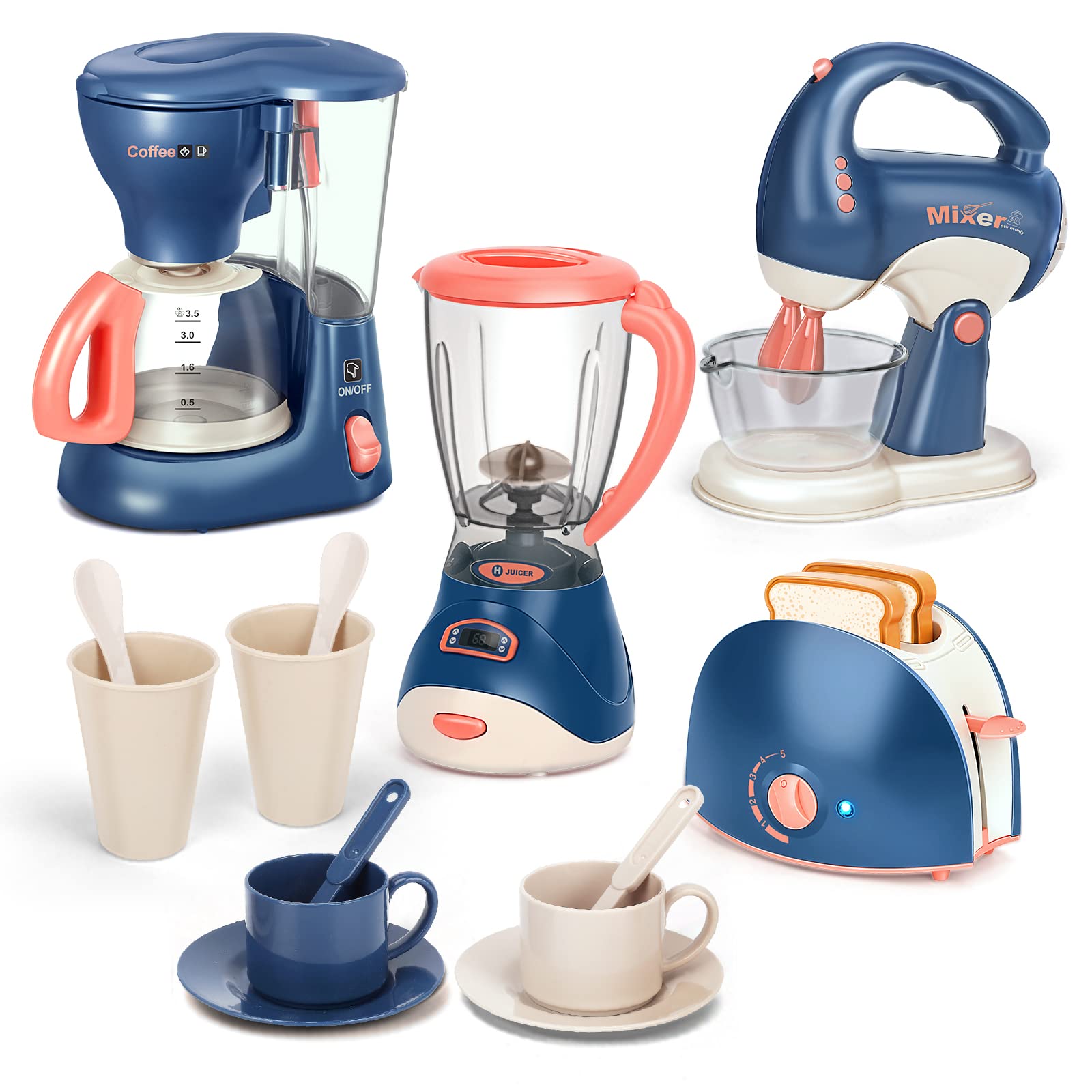 Kids Pretend Play Kitchen Appliances Toy Set - Realistic Coffee Maker, Blender, Mixer & Toaster with Lights & Sounds | Educational Role Play Toys for Children Ages 4-8 | Perfect for Birthday Gifts & Preschool Learning Activities