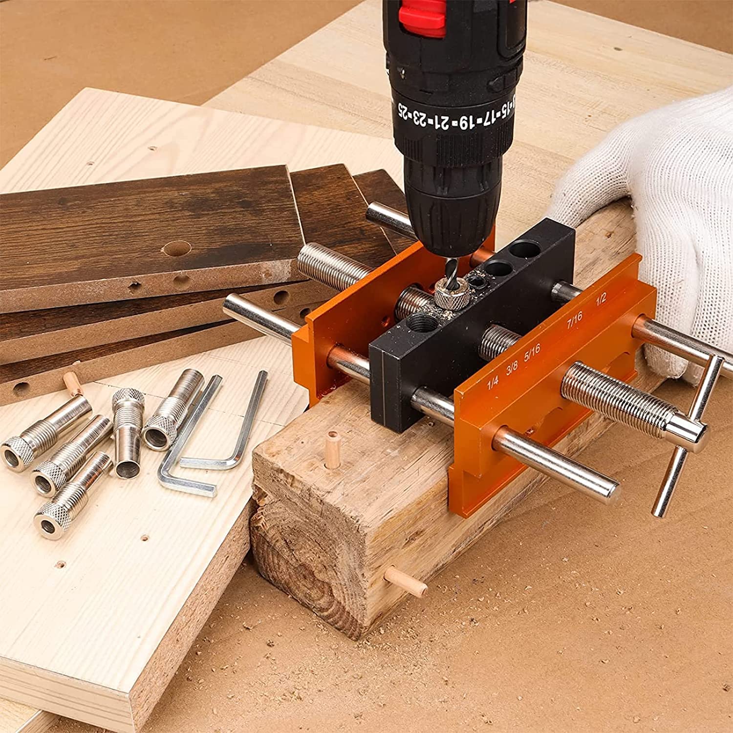Self Centering Dowel Jig Kit - Adjustable Woodworking Drill Guide with Bushings Set | Precision Joinery Tool for Cabinet Making & Furniture Repair | Power Tool Accessories for DIY Projects & Professional Woodworkers (Orange, XL)
