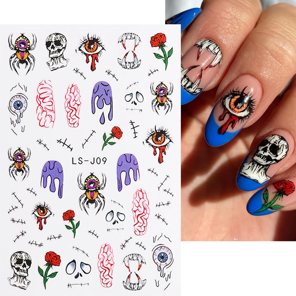 3D Halloween Nail Stickers - Self-Adhesive Pink Ghost, Skull, Pumpkin & Spider Web Designs - DIY Nail Art Decals for Women & Kids - 6 Sheets - Perfect for Halloween Parties, Costume Nails & Spooky Nail Art