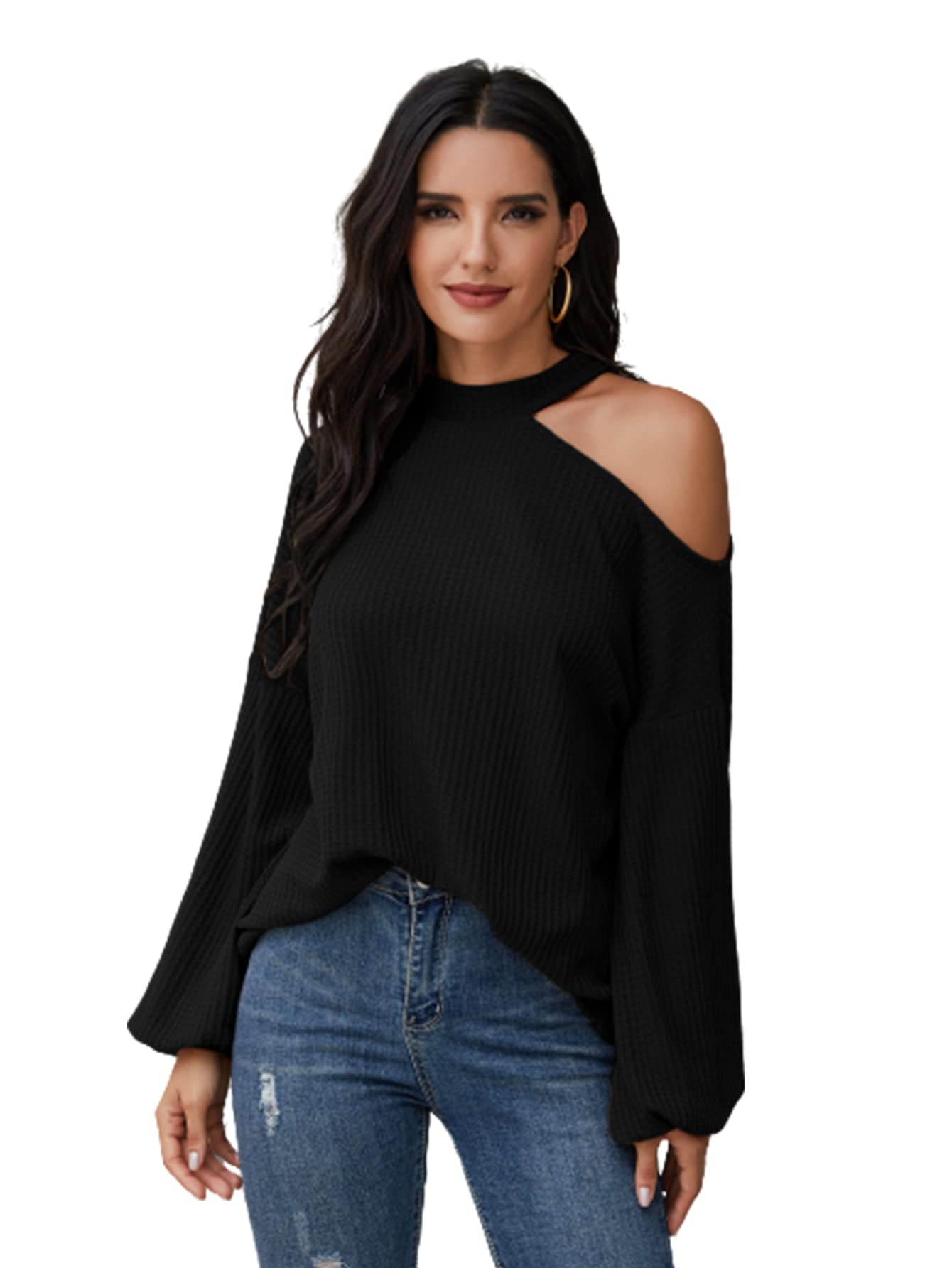 Romwe Women's Waffle Knit Tunic Top - Cold Shoulder Long Sleeve Loose Blouse for Casual Outfits & Fall Layering | Perfect for Work, Dates, and Everyday Wear