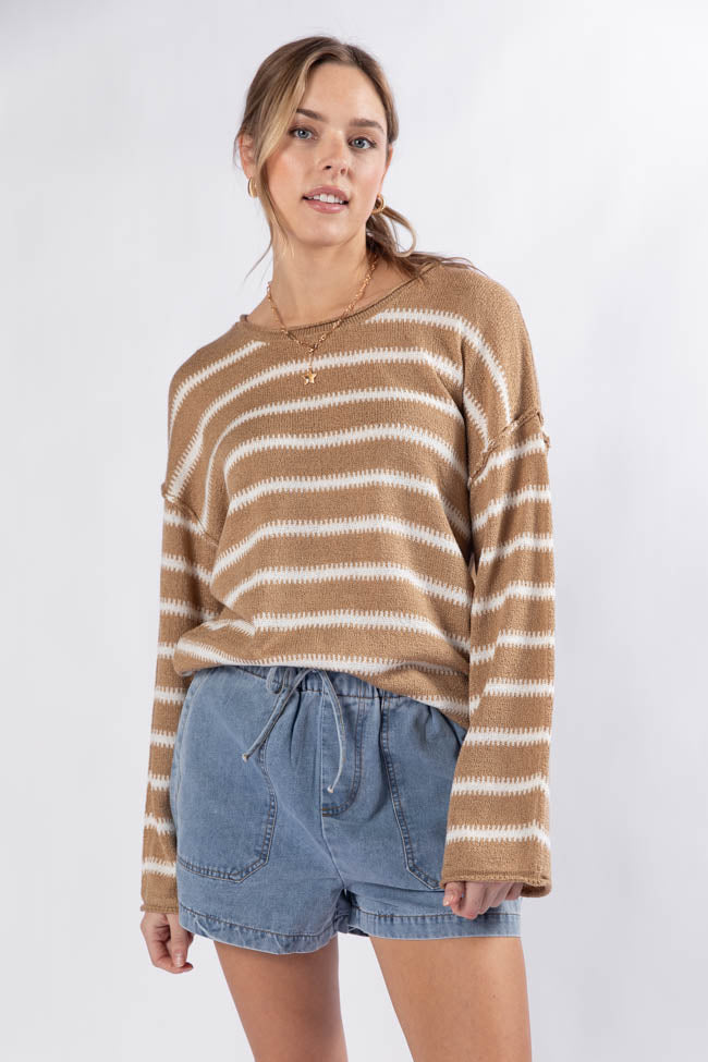 Road Trip Tan and Ivory Striped Sweater - Cozy Knit Pullover for Women | Perfect for Travel, Fall Outfits & Casual Wear