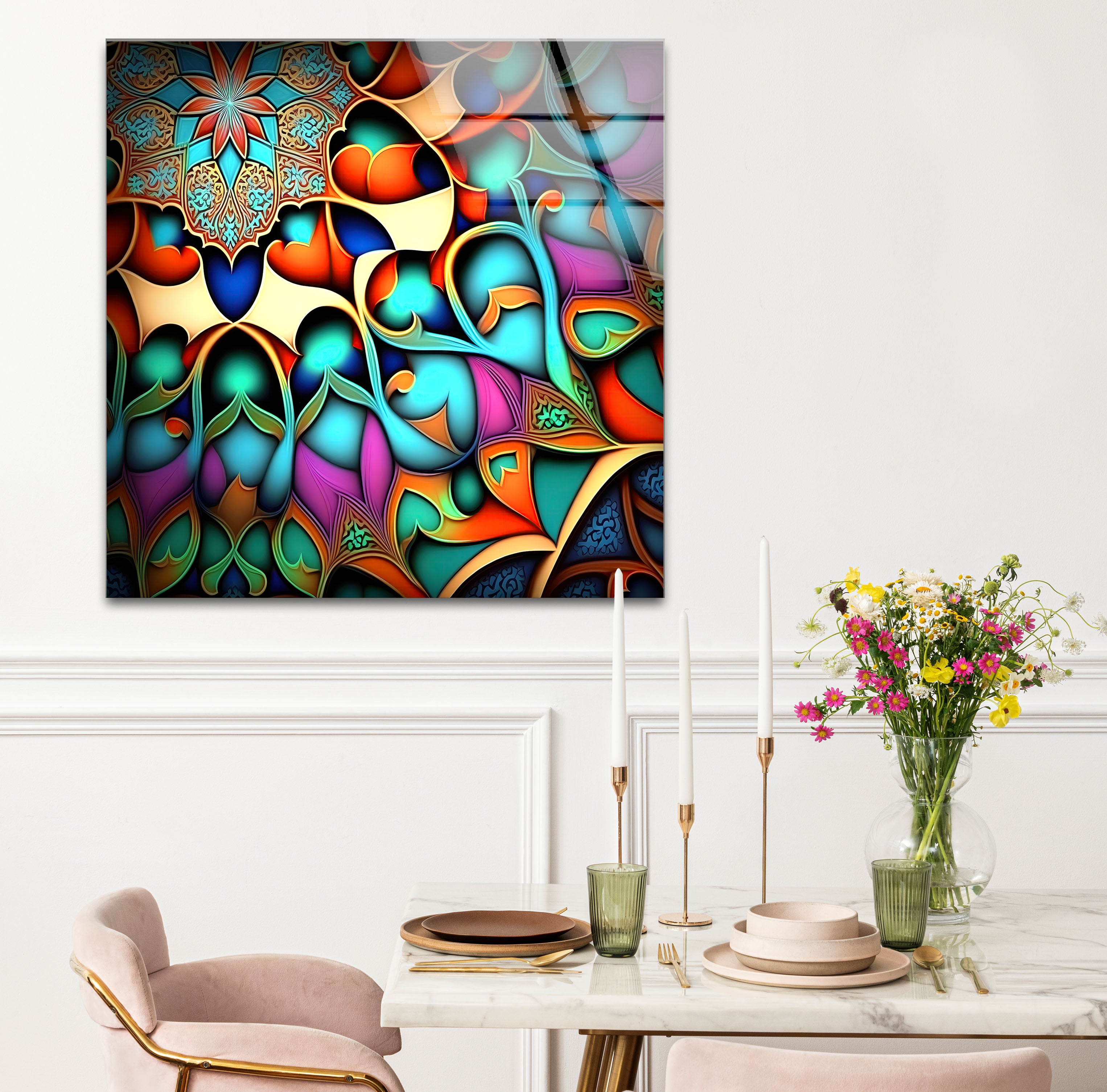 Vibrant Arabesque Stained Glass Wall Art - Islamic Geometric Floral Home Decor for Living Room, Bedroom & Mosque