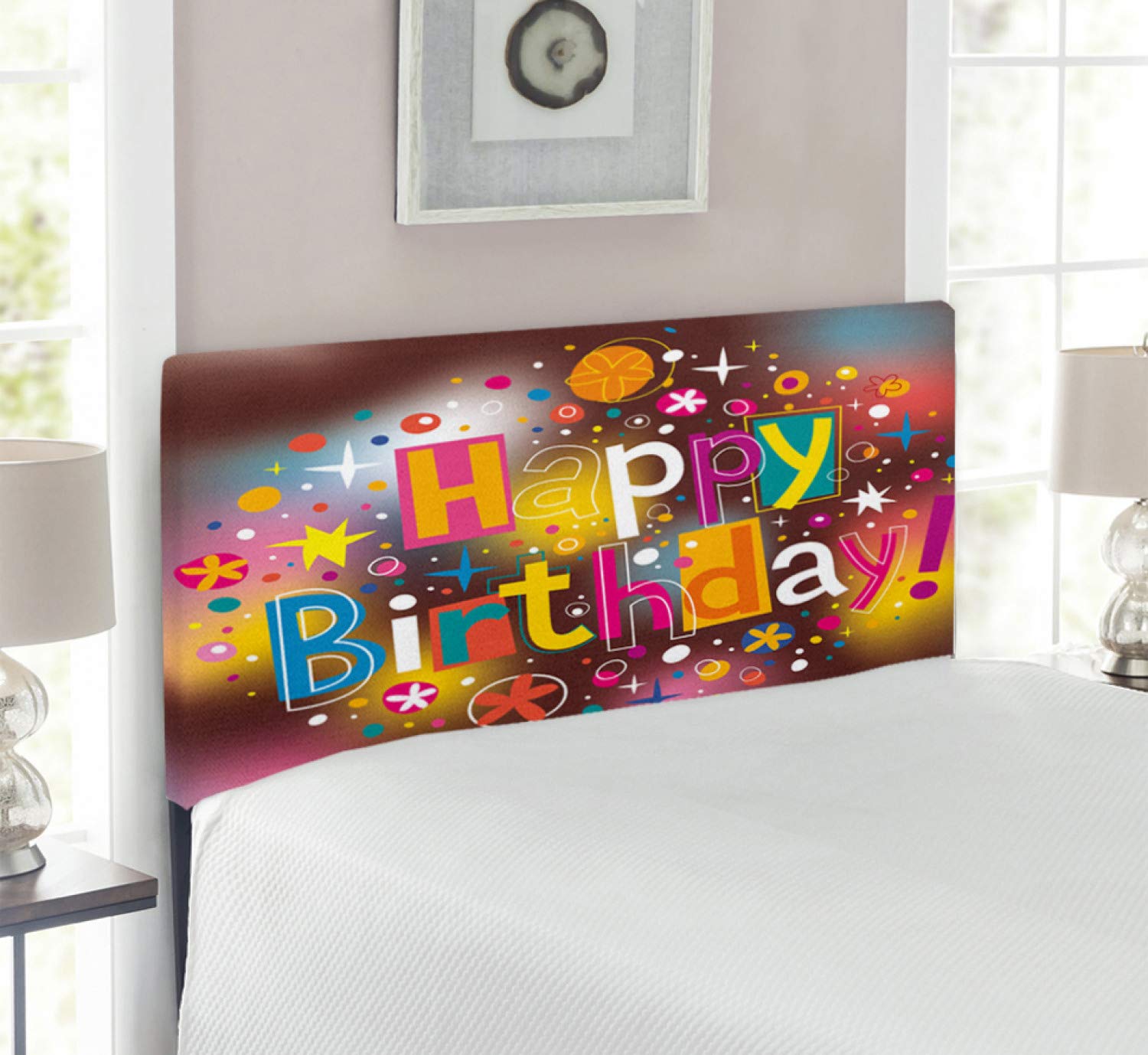 Ambesonne Twin Size Upholstered Metal Headboard - Colorful Fun Graphic Lettering with Stars, Dots & Daisies on Blurred Background, Memory Foam Decorative Bed Headboard | Perfect for Birthday Gifts, Kids Bedrooms & Dorm Room Decor