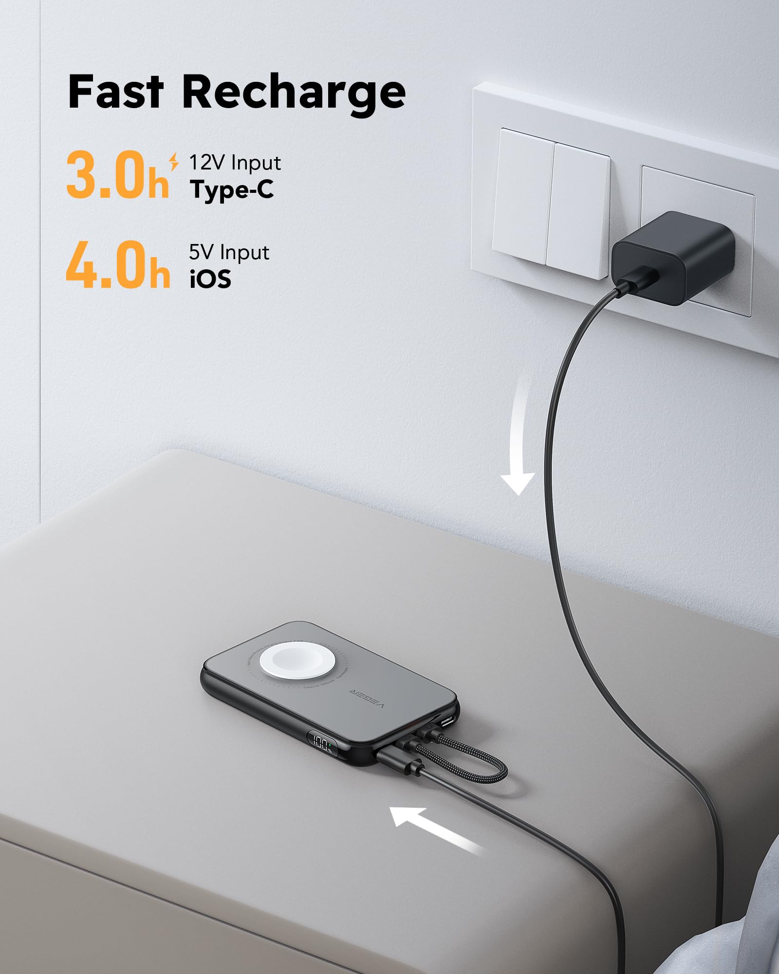 VEGER 10000mAh Portable Charger with Built-in Removable Cables - PD 20W Fast Charging Power Bank for iPhone 15/14/13 Pro Max, Samsung Galaxy, Apple Watch (Black) | Perfect for Travel, Camping & Emergency Charging
