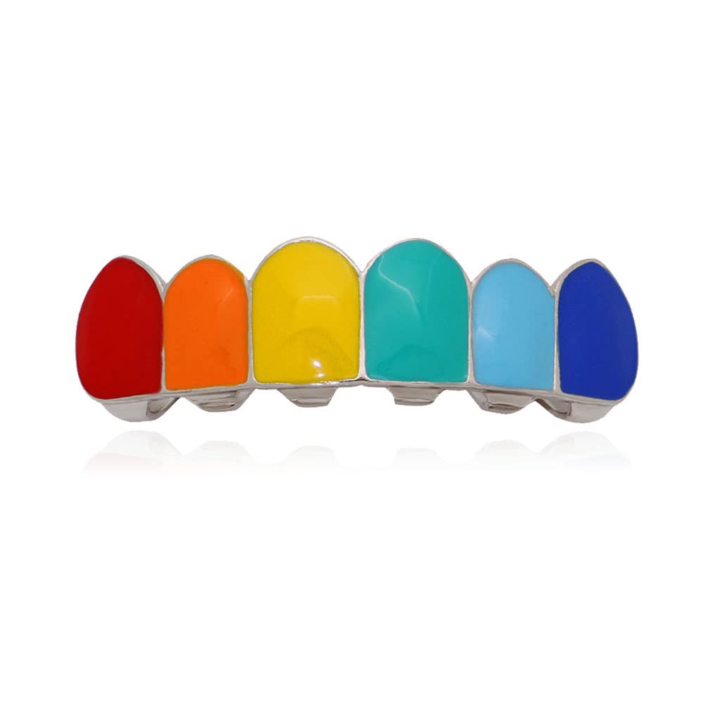 Psivika Multicolor Plated Rainbow Hip Hop Teeth Grillz Caps - Iced Out CZ Vampire Fangs Grillz for Men & Women | Perfect for Hip Hop Performances, Halloween Costumes & Streetwear Fashion