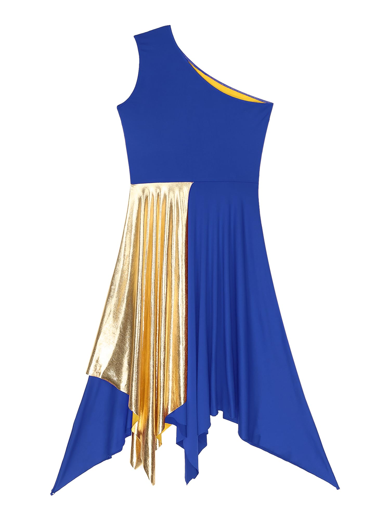 JEYPINMI Women's One Shoulder Color Block Worship Dance Dress - Liturgical Praise & Lyrical Dance Costume for Church Performances, Choir Outfits and Spiritual Celebrations
