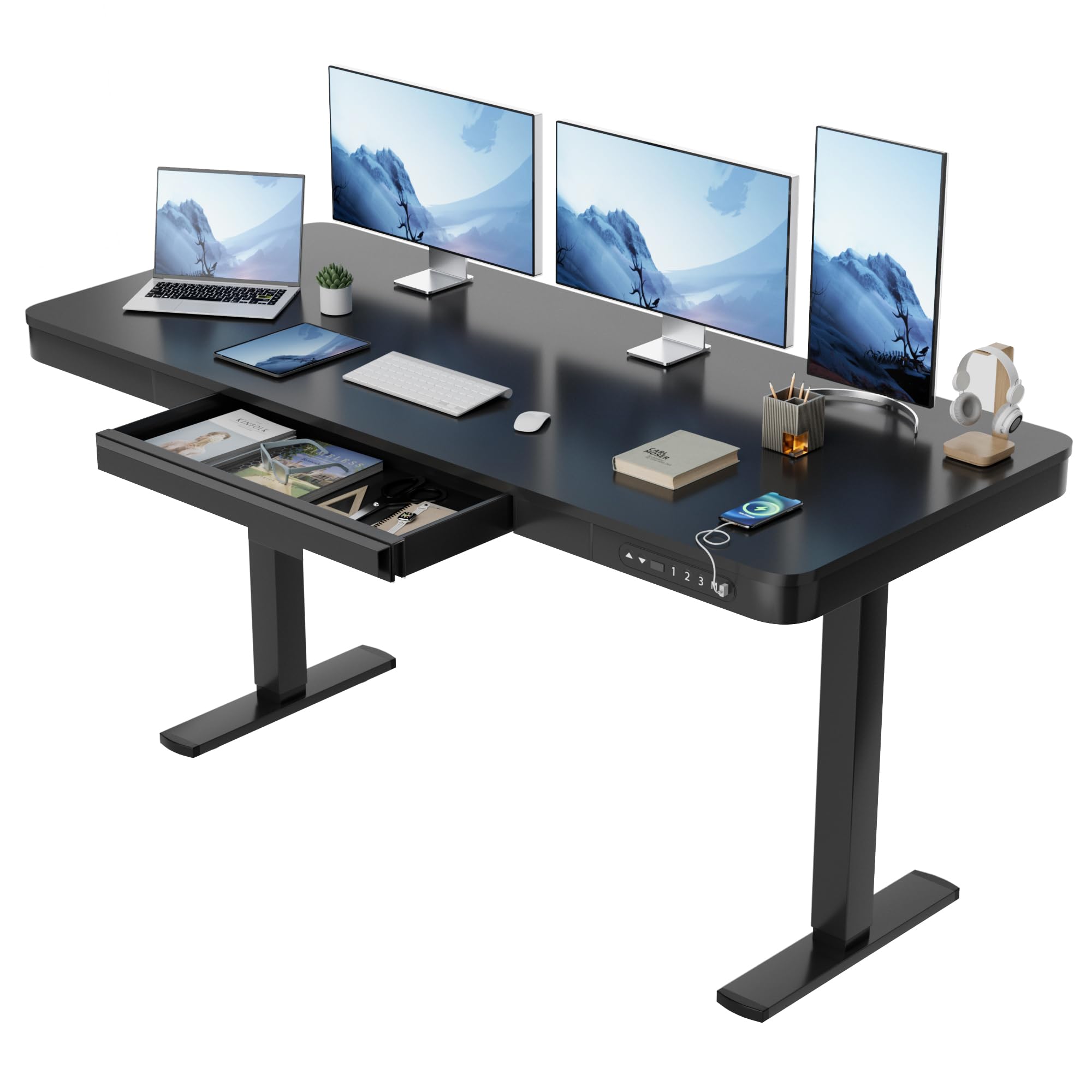 Furmax 55 x 24 Inch Electric Standing Desk with Drawer - Adjustable Height Home Office Computer Desk with USB Ports, Black - Perfect for Remote Work & Ergonomic Workspace Setup