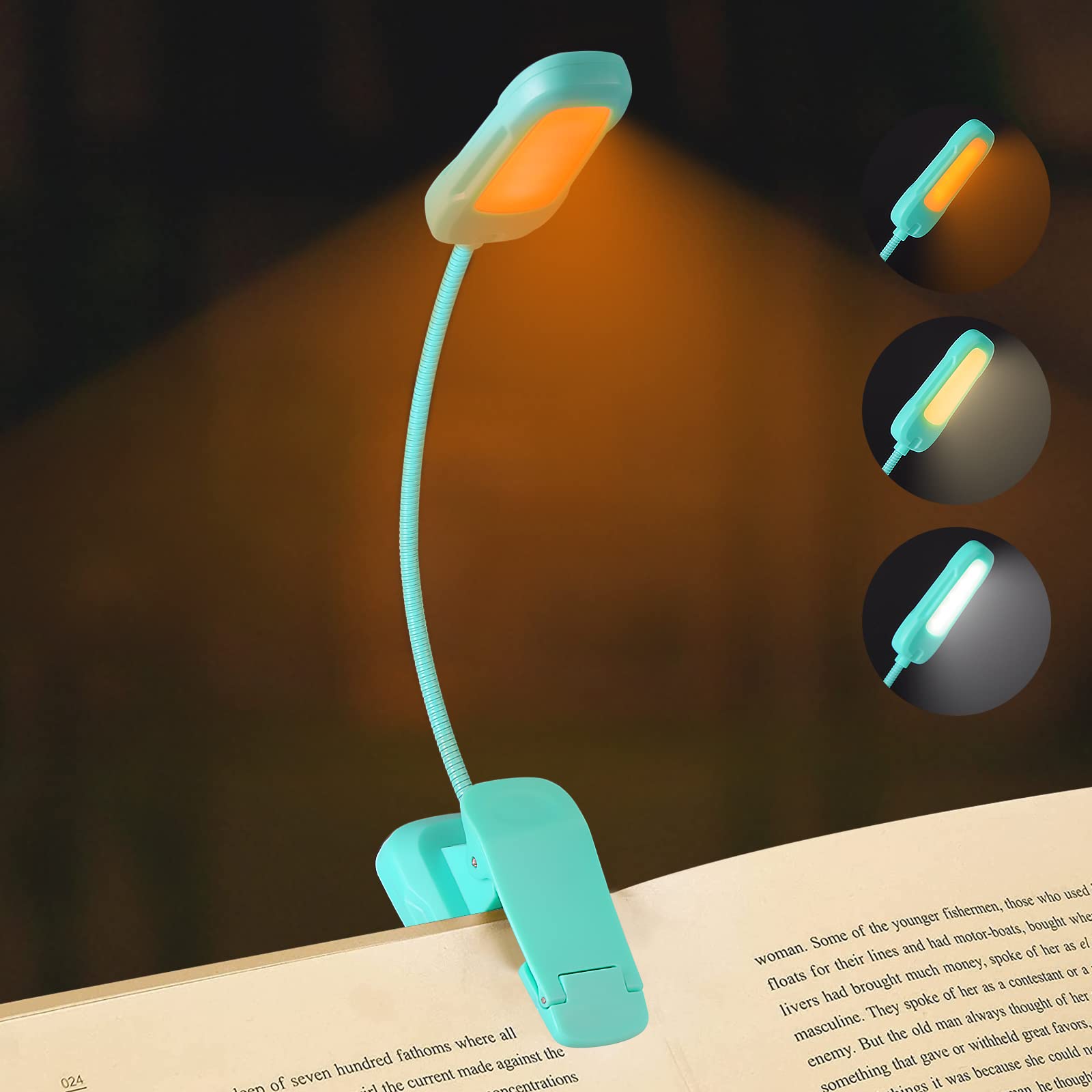 Rechargeable Clip On Book Light for Reading in Bed - 3 Colors & 3 Brightness Levels, Eye-Caring LED Reading Light with 70 Hours Battery Life - Perfect Christmas Birthday Gift for Book Lovers, Students & Night Readers
