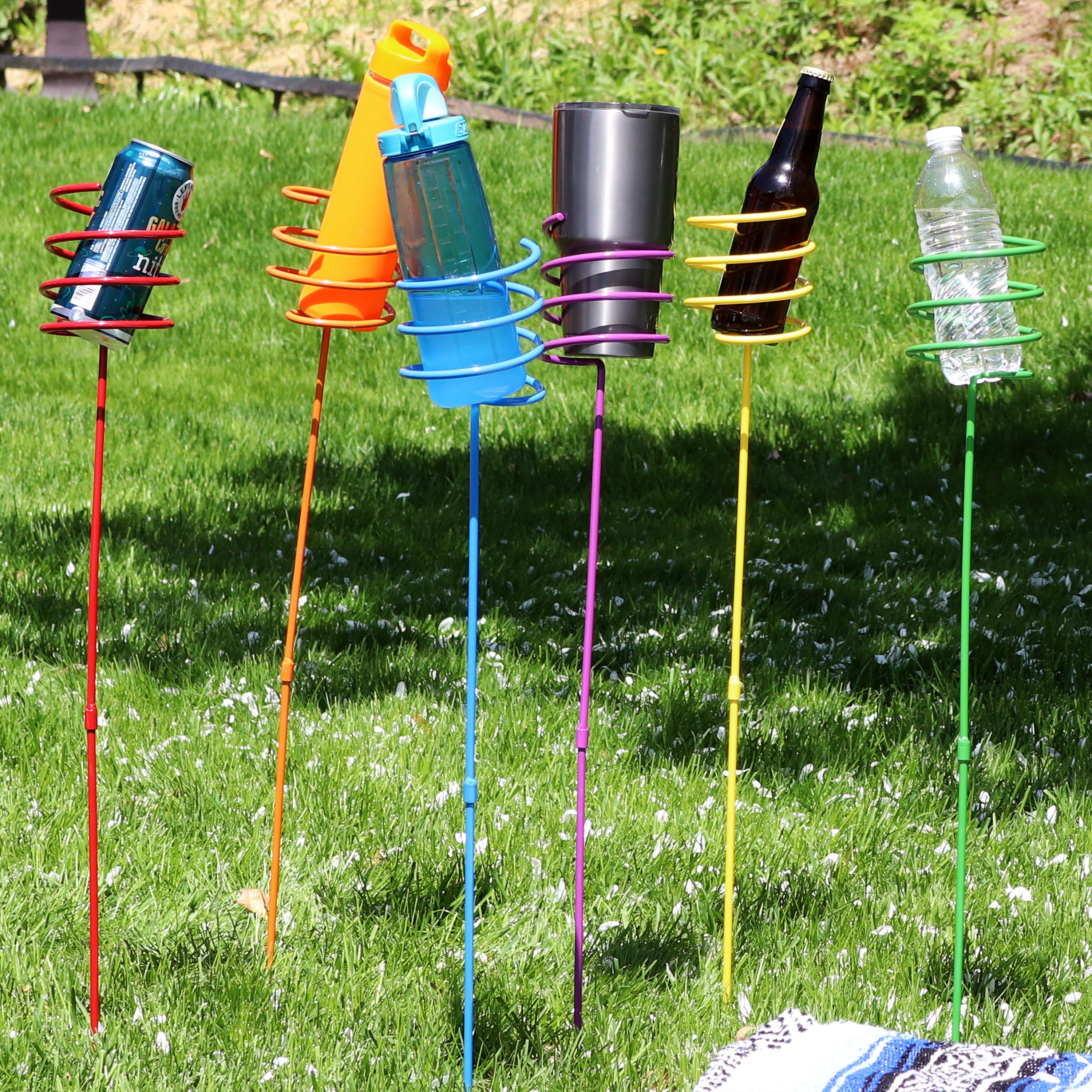 Sunnydaze Heavy Duty Metal Drink Holder Stakes - 4-Pack, Multicolor - Perfect for Outdoor Parties, BBQs, Picnics & Beach Use