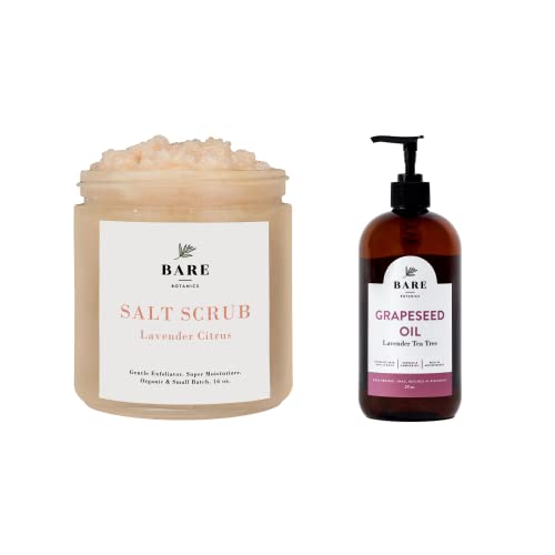Bare Botanics Lavender Body Oil & Body Scrub Set - Natural Tea Tree & Grapeseed Oil with Lavender Citrus Exfoliating Scrub for Dry Skin Care & Relaxation | Perfect for Spa Day & Self-Care Routine
