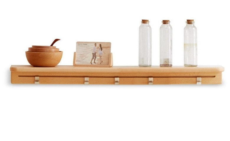 Solid Beech Wood Wall Shelf with Hooks - Rustic Floating Shelf for Kitchen, Bathroom, or Living Room Storage & Decor