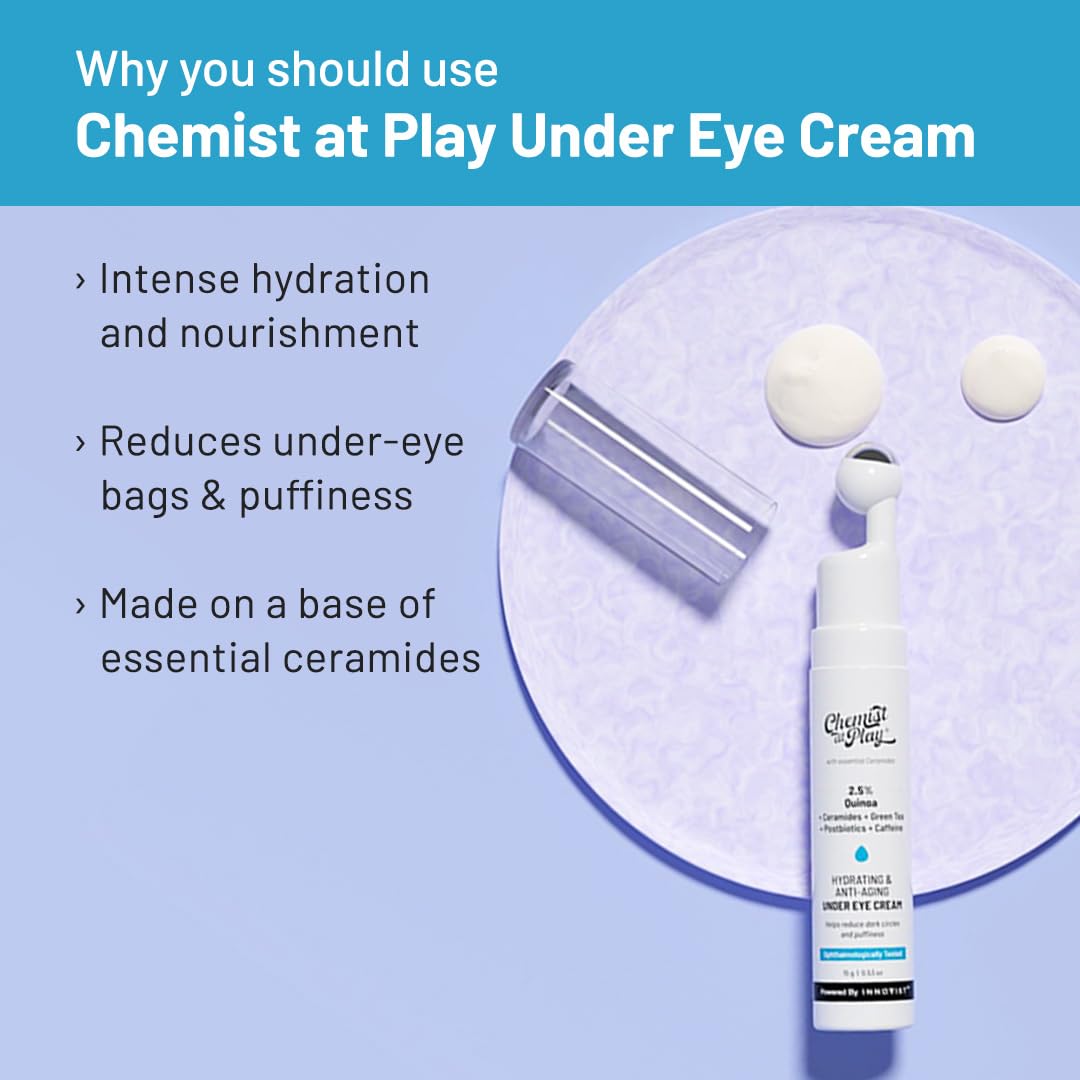 Chemist At Play Under Eye Cream with 2% Revital Eye & Quinoa Extract – Reduces Dark Circles, Puffiness, Wrinkles & Crow's Feet | Lightweight Hydrating Gel with Plant-Based Ceramides | 100% Vegan Cooling Eye Treatment with Roller Applicator | 15g | Perfect for Morning & Night Skincare Routine for Men & Women
