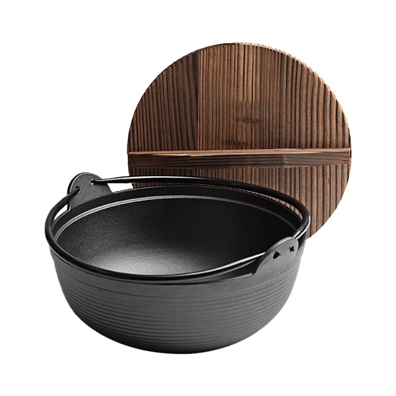 AIZYR Japanese Style Cast Iron Shabu Shabu & Sukiyaki Hot Pot with Wooden Lid - 27cm Nabe Pot for Noodles, Meat & Vegetables - Perfect for Home Cooking & Restaurant Use - Ideal for Family Dinners, Party Gatherings & Asian Cuisine Lovers