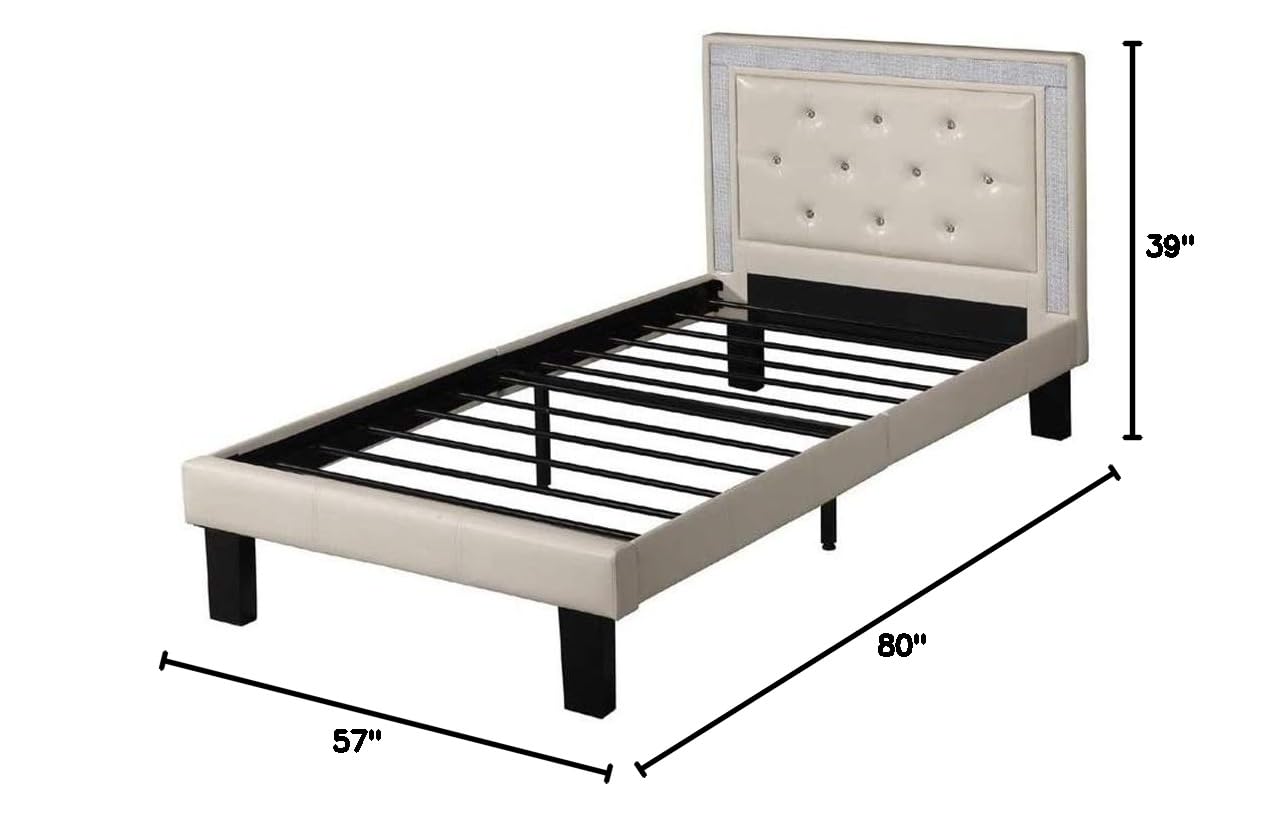Poundex Silky & Sheeny Wooden Full Size Bed Frame with Light Bone PU Tufted Headboard, White Finish - Elegant Bedroom Furniture for Master Bedroom, Guest Room & Dorm Decor