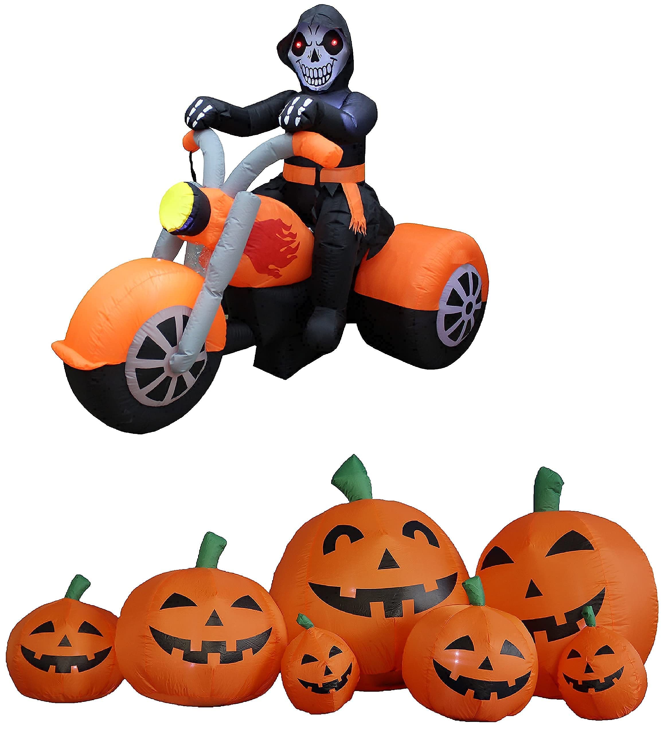 **6FT Inflatable Skeleton Ghost Riding Motorcycle & 7.5FT LED Halloween Pumpkin Patch Decorations Bundle – Spooky Outdoor Party Decor for Halloween, Yard, Haunted House, and Themed Events**