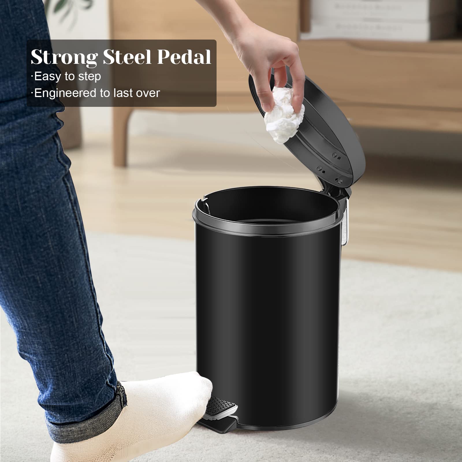 12L Black Stainless Steel Pedal Trash Can with Soft-Closing Lid - Slim Quiet Bathroom & Kitchen Waste Bin for Home, Office, Living Room - Perfect for Small Spaces & Odor Control