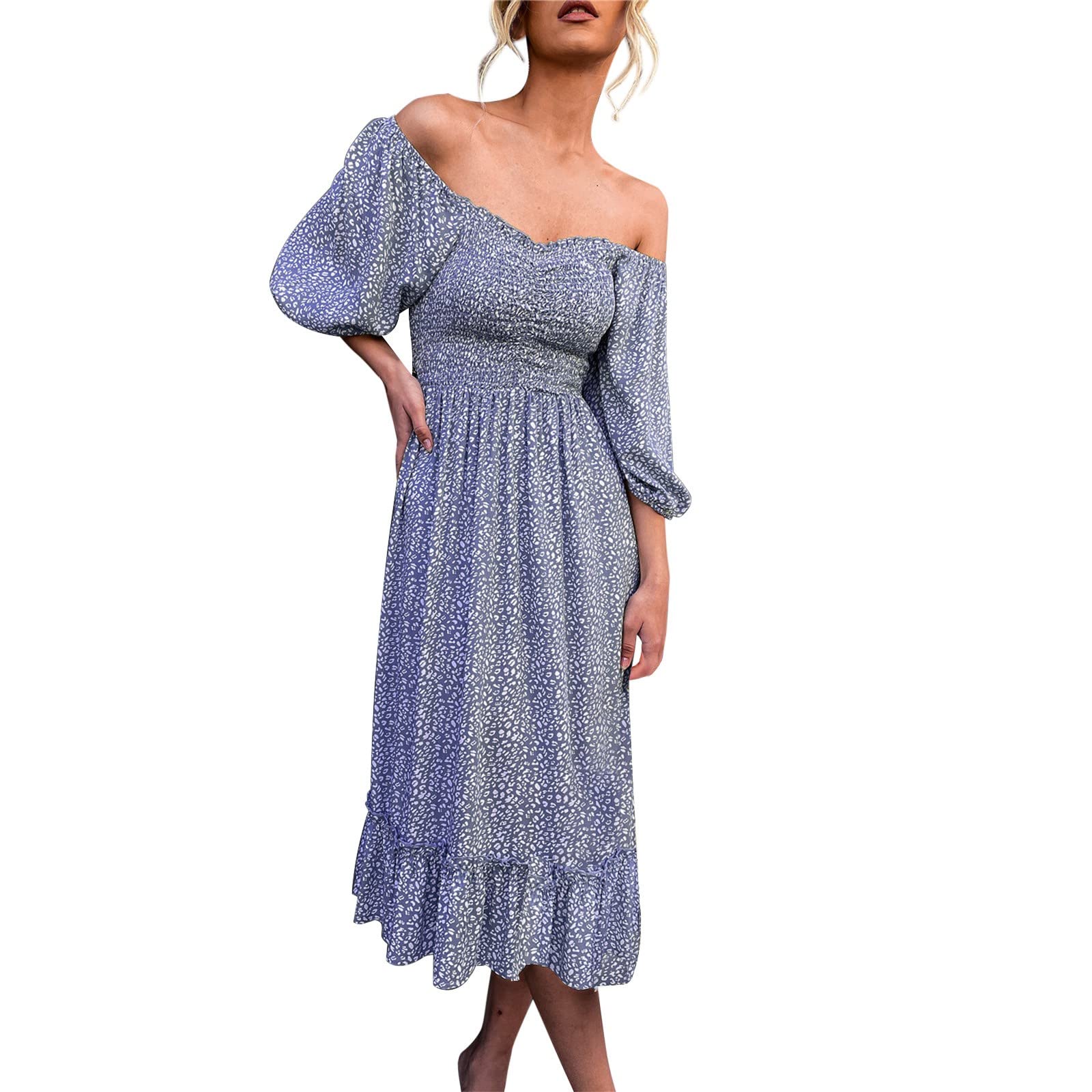 Women's Flowy Summer Midi Dress with Puff Sleeves & Square Neck - Elastic Waist, Side Split Print for Casual & Work Wear | Perfect for Office, Beach Vacations & Date Nights