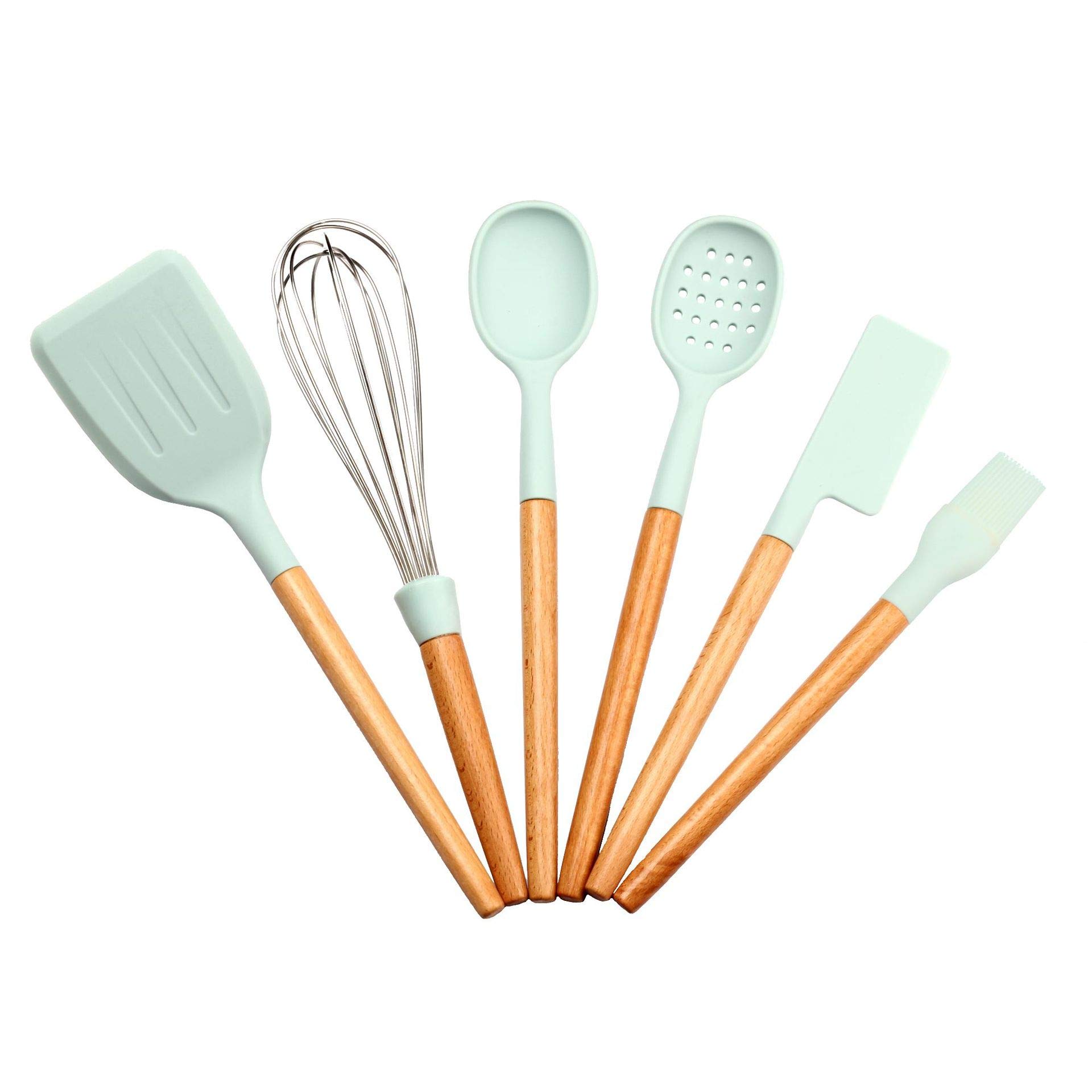 ZGPTX Eco-Friendly Silicone Kitchenware Set with Birch Handle - 6-Piece Non-Stick Pot Utensils for Healthy Cooking & Baking