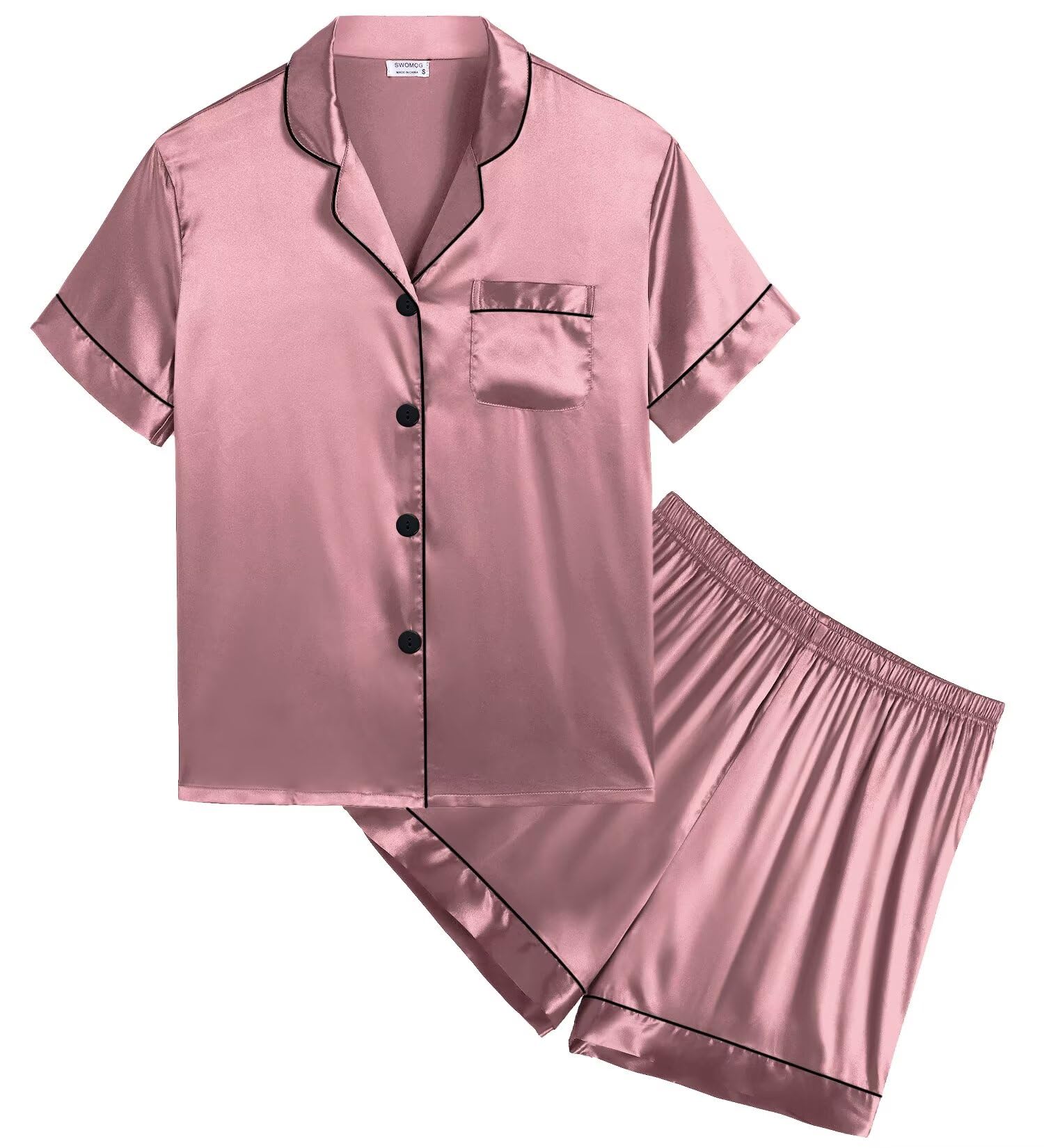 SWOMOG Kids Satin Pajama Set for Girls & Boys - Soft Button-Down Short Sleeve Silk Pjs, 2-Piece Comfortable Nightwear & Lounge Outfit - Perfect for Sleepovers, Bedtime & Relaxing at Home