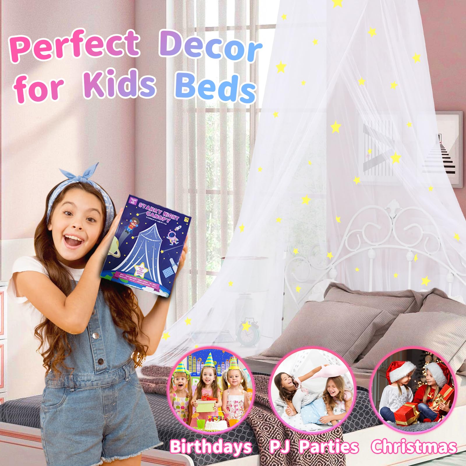 **Glowing Star Princess Bed Canopy for Girls - Kids Room Decor with Starry Net Curtains - Fits Single, Twin, Full & Queen Beds - Perfect for Bedroom, Nursery & Sleepover Decorations**