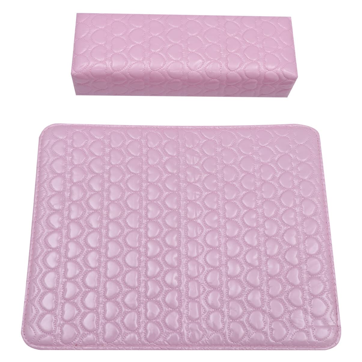 Uonlytech Pink Nail Mat - Leather Desk Mat with Heart Pattern, Detachable Manicure Wrist Rest & Hand Pillow Cushion for Salon - Perfect for Nail Technicians, Home Manicures, and Office Workspace Comfort