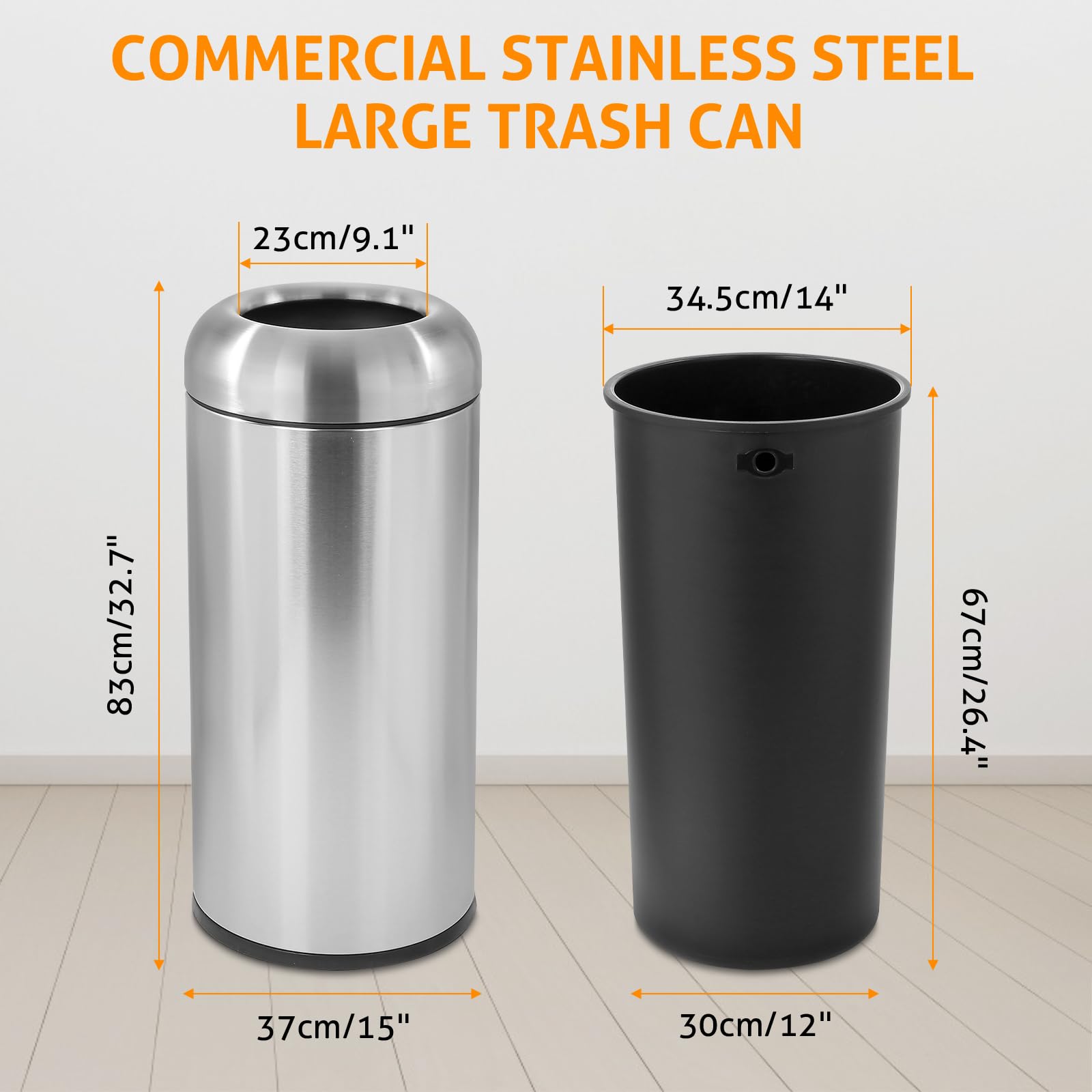WICHEMI 16 Gallon Stainless Steel Commercial Trash Can with Lid - Heavy Duty Indoor/Outdoor Garbage Bin for Kitchen, Office, Restaurant & Industrial Use - Open Top Waste Container with Cabinet Enclosure