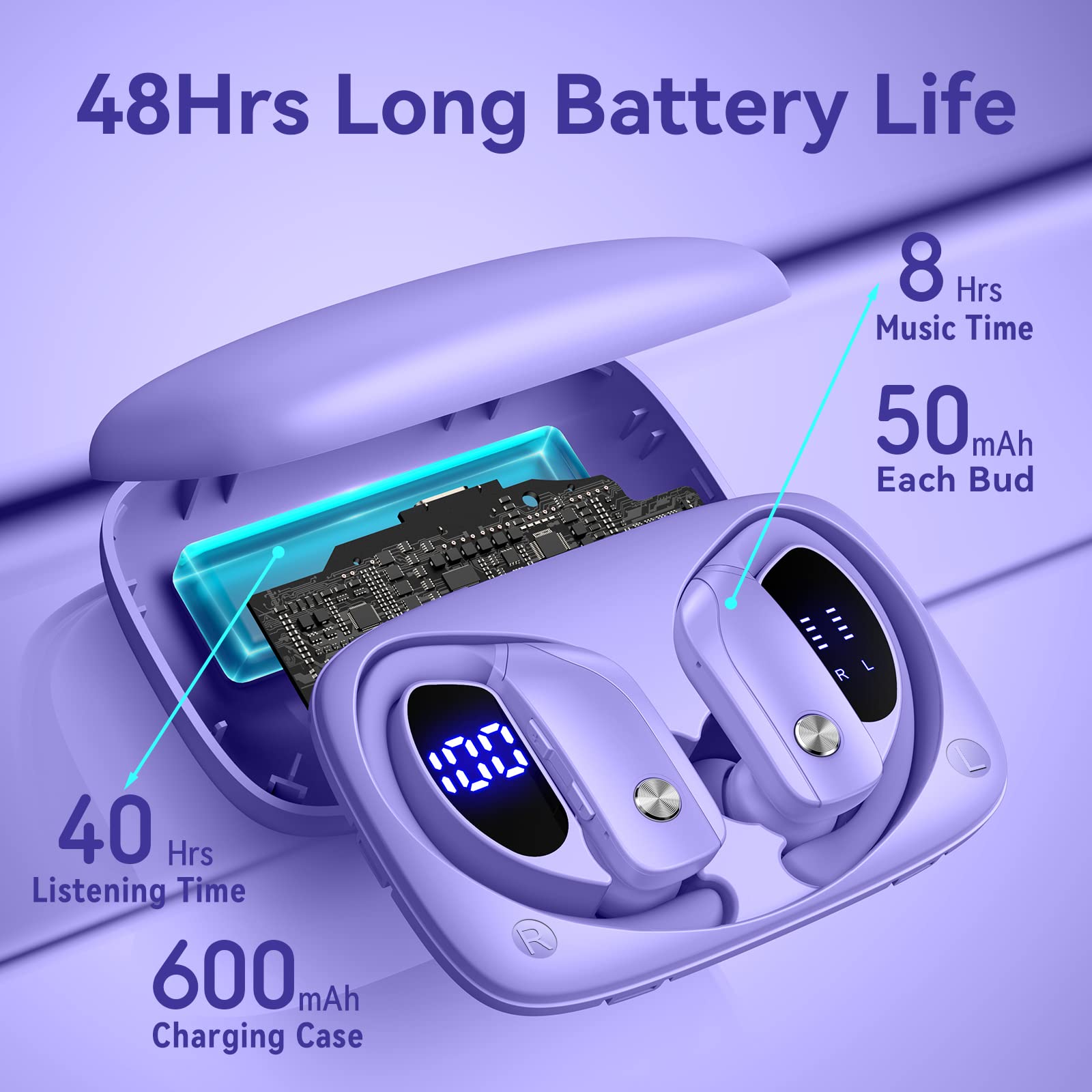 Bmani Wireless Bluetooth Earbuds - 48H Playback, LED Display, Built-in Mic, Over-Ear Sport Headphones with Earhooks for Running, Gym & Workout (Purple) - Perfect for Fitness, Commuting & Outdoor Activities