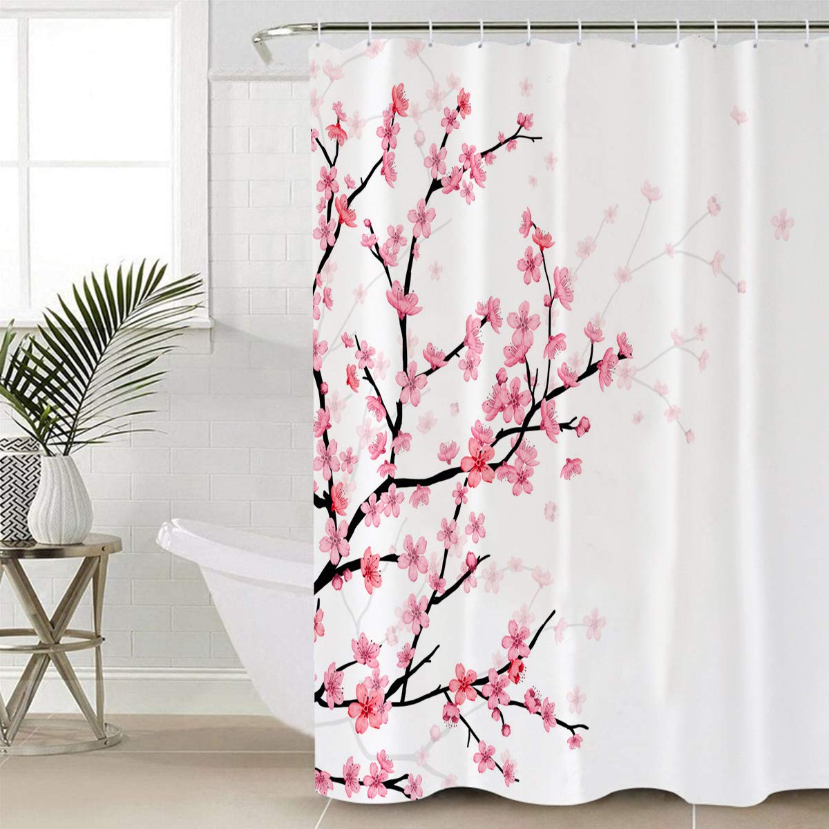 Hand Drawn Cherry Blossoms Waterproof Shower Curtain Set - 36 x 72 Inch Spring Pink Floral Bathroom Decor with 12 Hooks, Polyester Fabric for Bath & Shower - Perfect for Spring Refresh, Spa Days & Boho Bathroom Makeovers