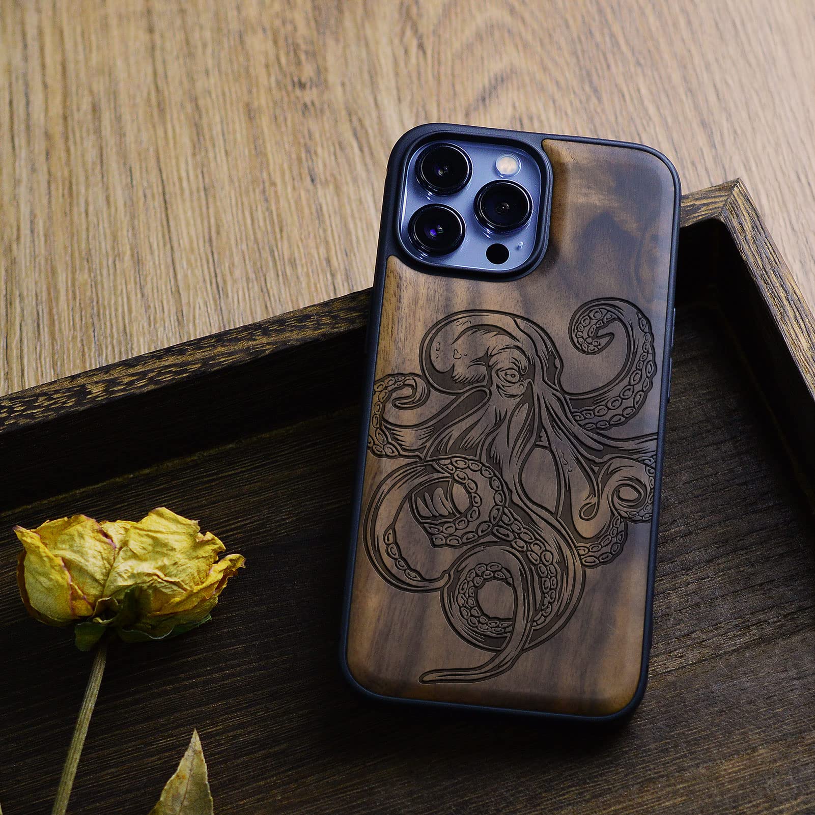 Carveit Magnetic Wood Case for iPhone 13 Pro Max - Natural Walnut Wood & Black TPU Shockproof Cover with Octopus Design | MagSafe Compatible Protective Phone Case | Perfect for Outdoor Adventures & Business Meetings