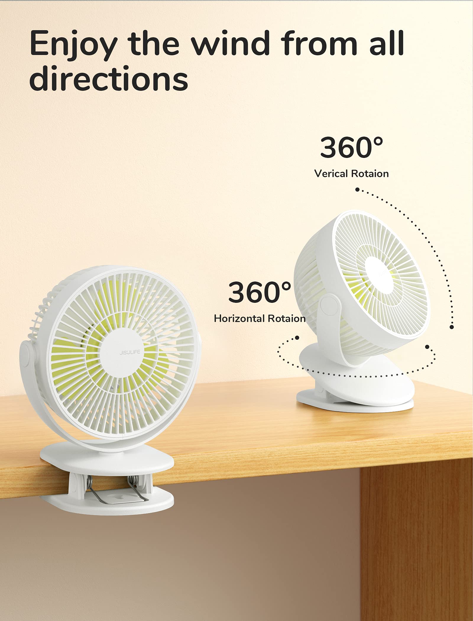 JISULIFE Clip on Baby Stroller Fan - 4000mAh Rechargeable Battery, Portable Personal Mini Fan with Quiet Operation & Narrow Slot Design, 4 Speed Settings, Up to 14 Hours Runtime - Perfect for Strollers, Beds, Desks, Car Seats & Outdoor Activities - Milky White
