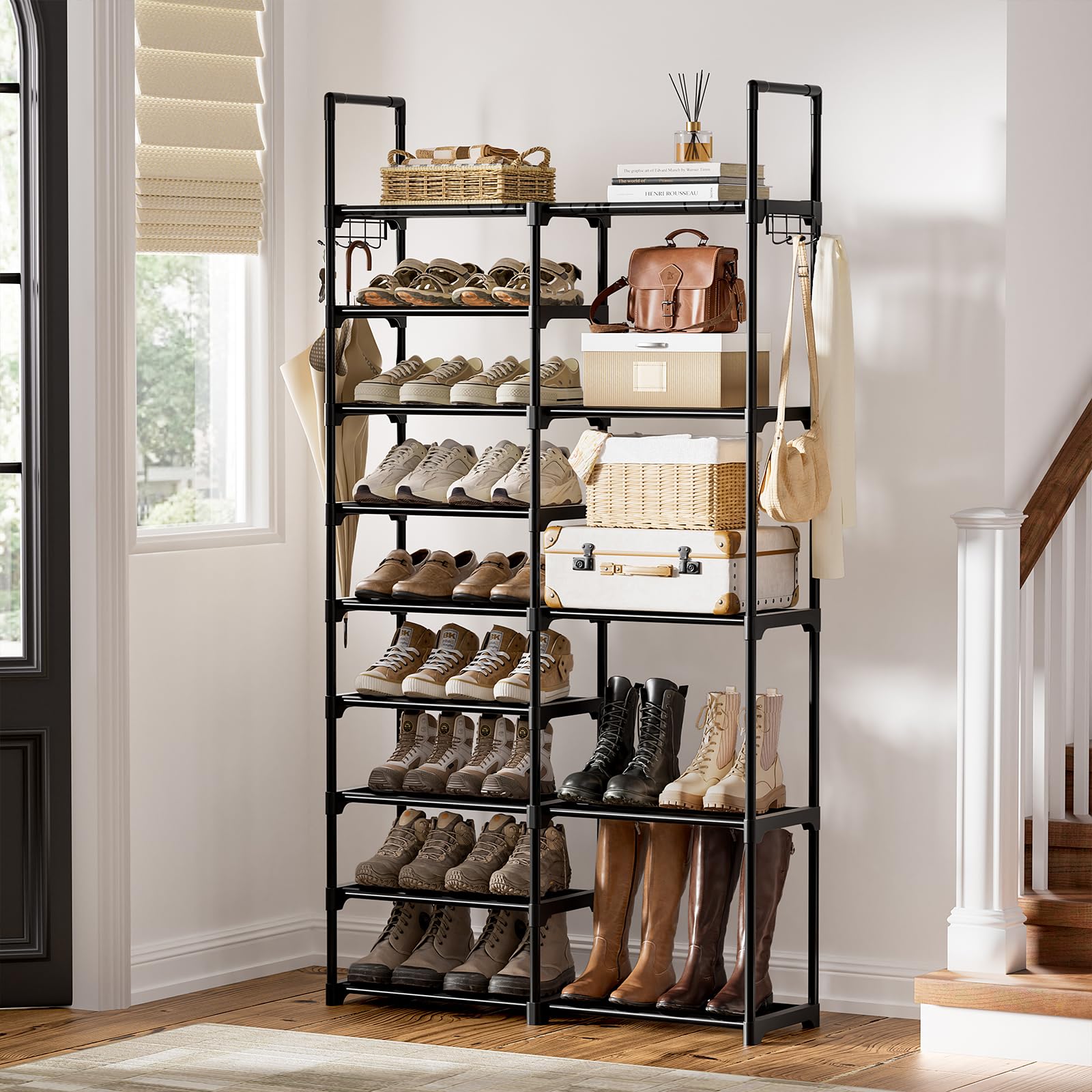 WOWLIVE 9-Tier Shoe Rack Organizer - Heavy Duty Metal Frame with Plastic Connectors, Holds 30-35 Pairs, Stackable Shoe Storage Cabinet for Closet, Entryway, Bedroom - Black (SSS2B9)