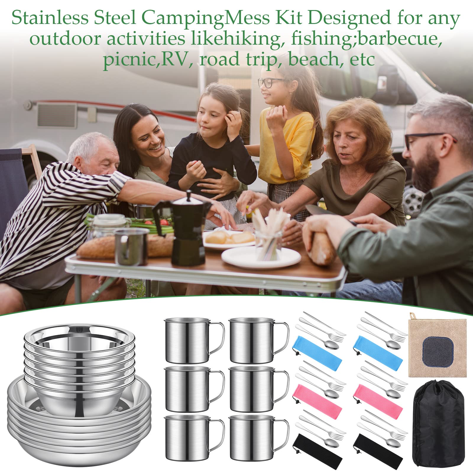 Lallisa 44-Piece Stainless Steel Camping Cookware Set - Polished Outdoor Mess Kit with Plates, Cups, Spoons, Forks & Knives | Portable Tableware in Mesh Bag for Backpacking, Hiking & Picnics | 6-Person Camping Gear for Family Outdoors Adventures