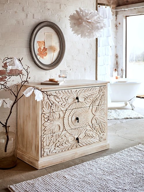 Hand Carved Three-Drawer Chest with Floral Pattern - Vintage Wooden Dresser for Bedroom & Living Room Storage