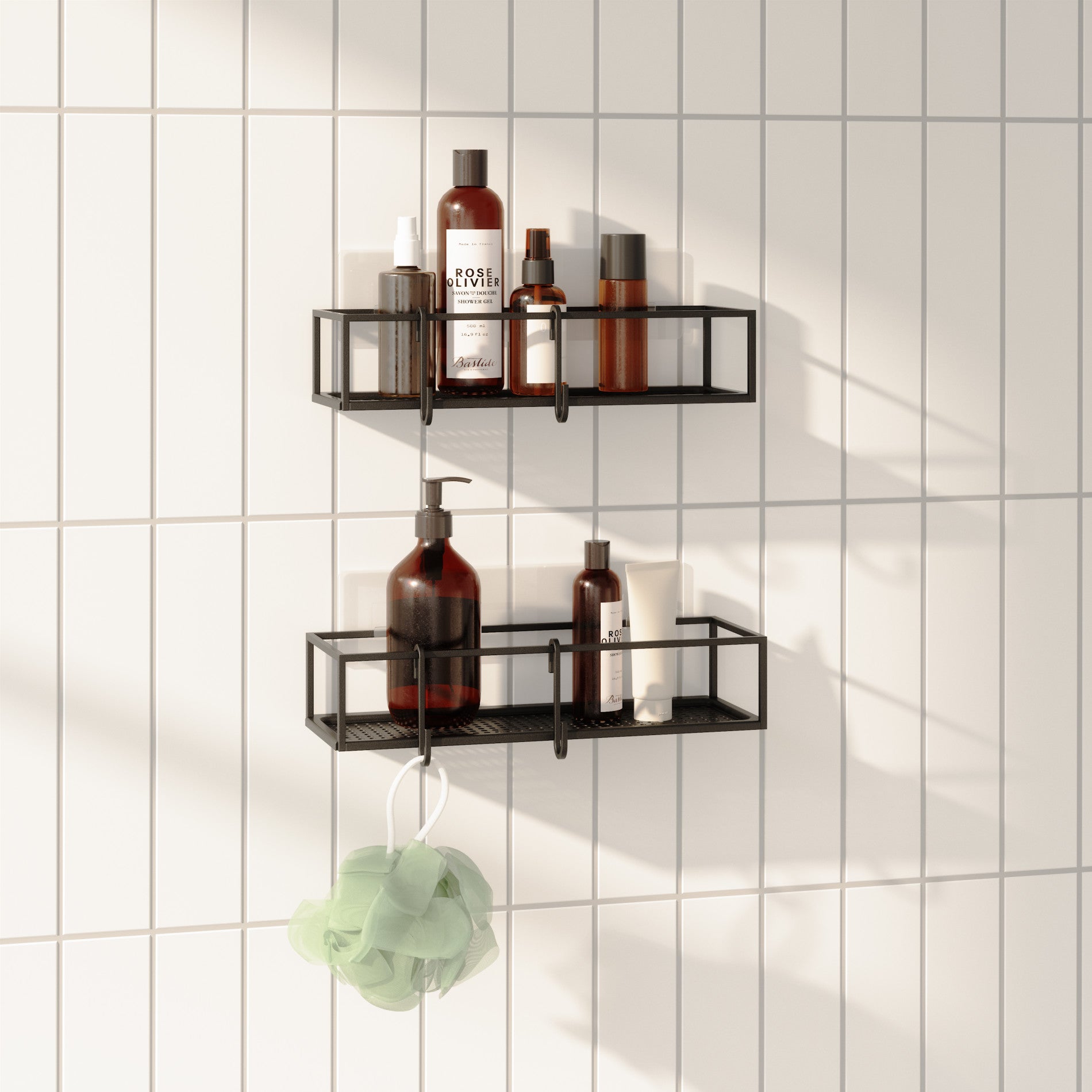 Cubiko Adhesive Shower Bins Set of 2 - Waterproof Bathroom Storage Organizer for Shampoo, Soap & Toiletries - Perfect for Small Spaces & Apartment Living